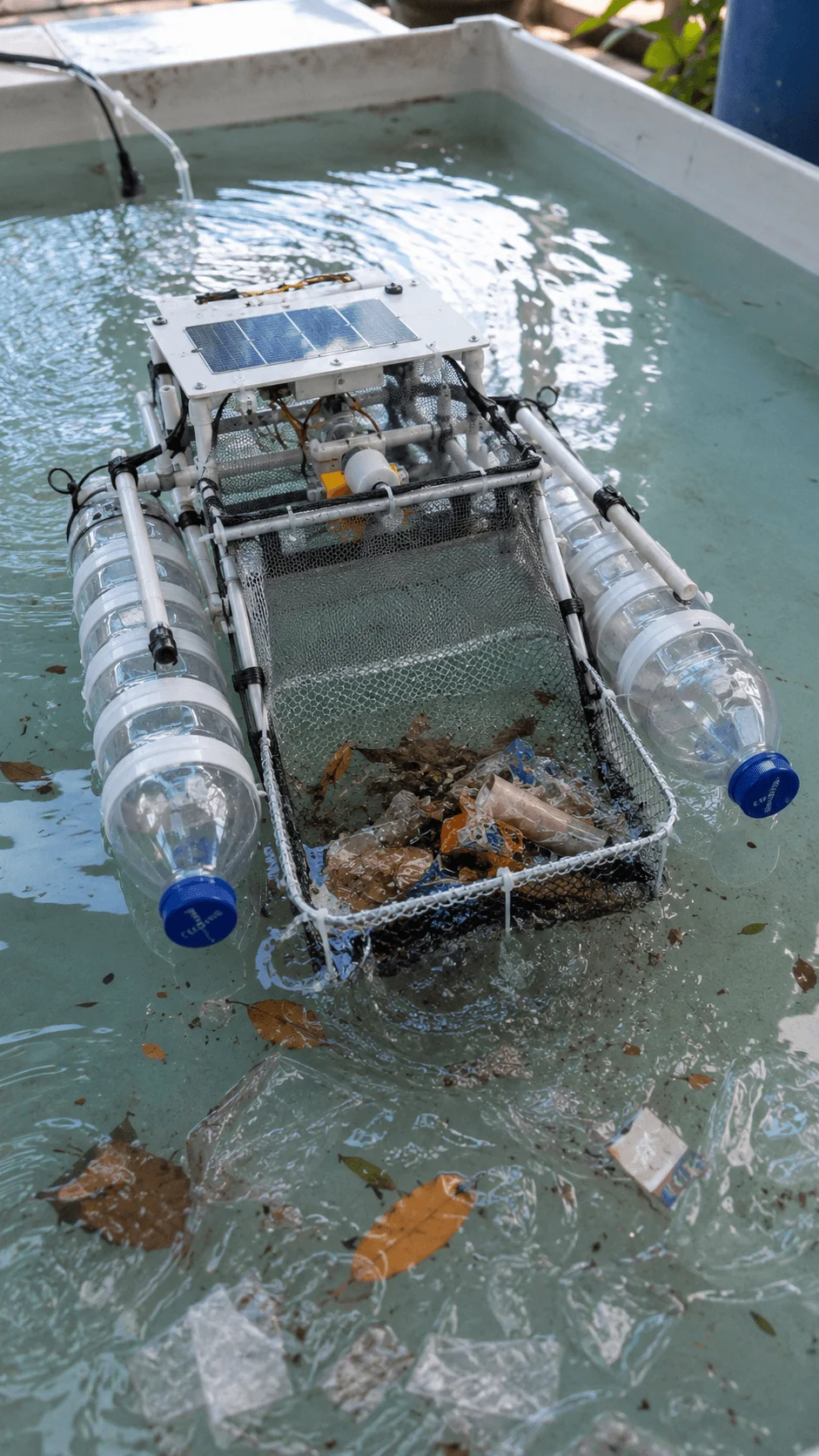 Solar-powered floating robot made from recycled plastic bottles and PVC pipes collecting floating plastic waste from water using a mesh conveyor system.