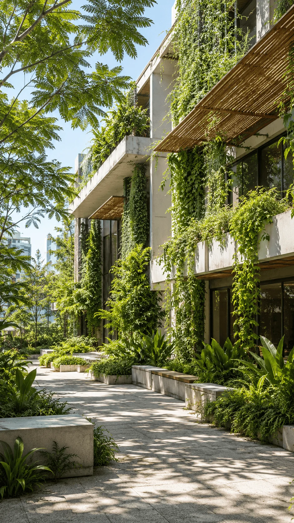 Modern eco friendly building with lush vertical gardens shaded walkways and dense greenery showcasing passive cooling strategies in sustainable urban design