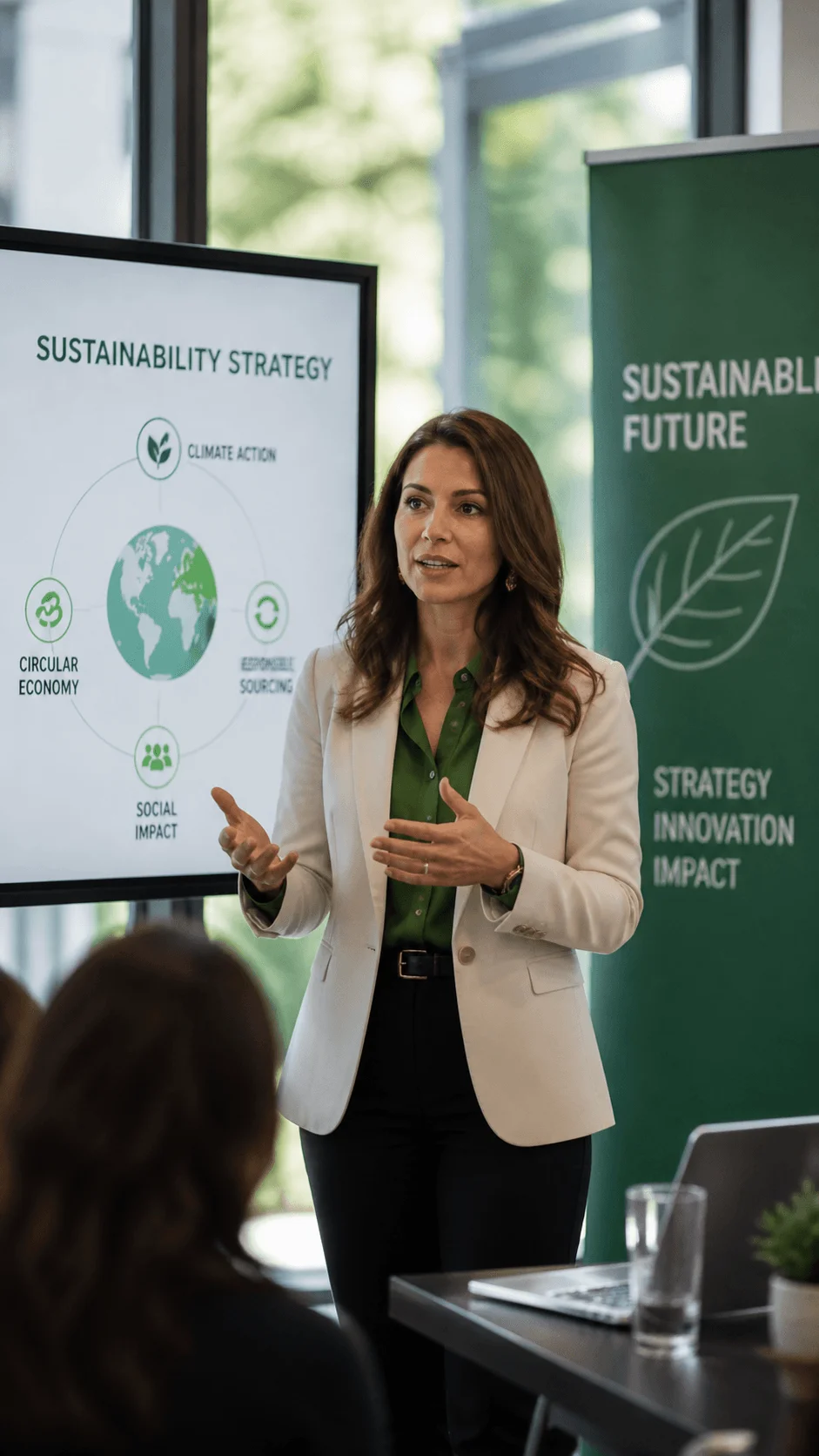 A woman presents a sustainability strategy to a small group gesturing while standing beside a screen showing climate action circular economy responsible sourcing and social impact with a banner reading sustainable future in a bright office setting