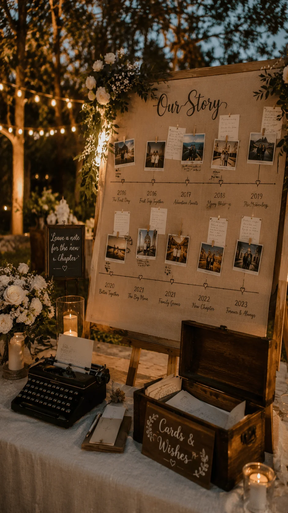 Rustic wedding memory display with a timeline photo board titled Our Story surrounded by candles flowers string lights vintage typewriter and cards and wishes box at an outdoor evening reception