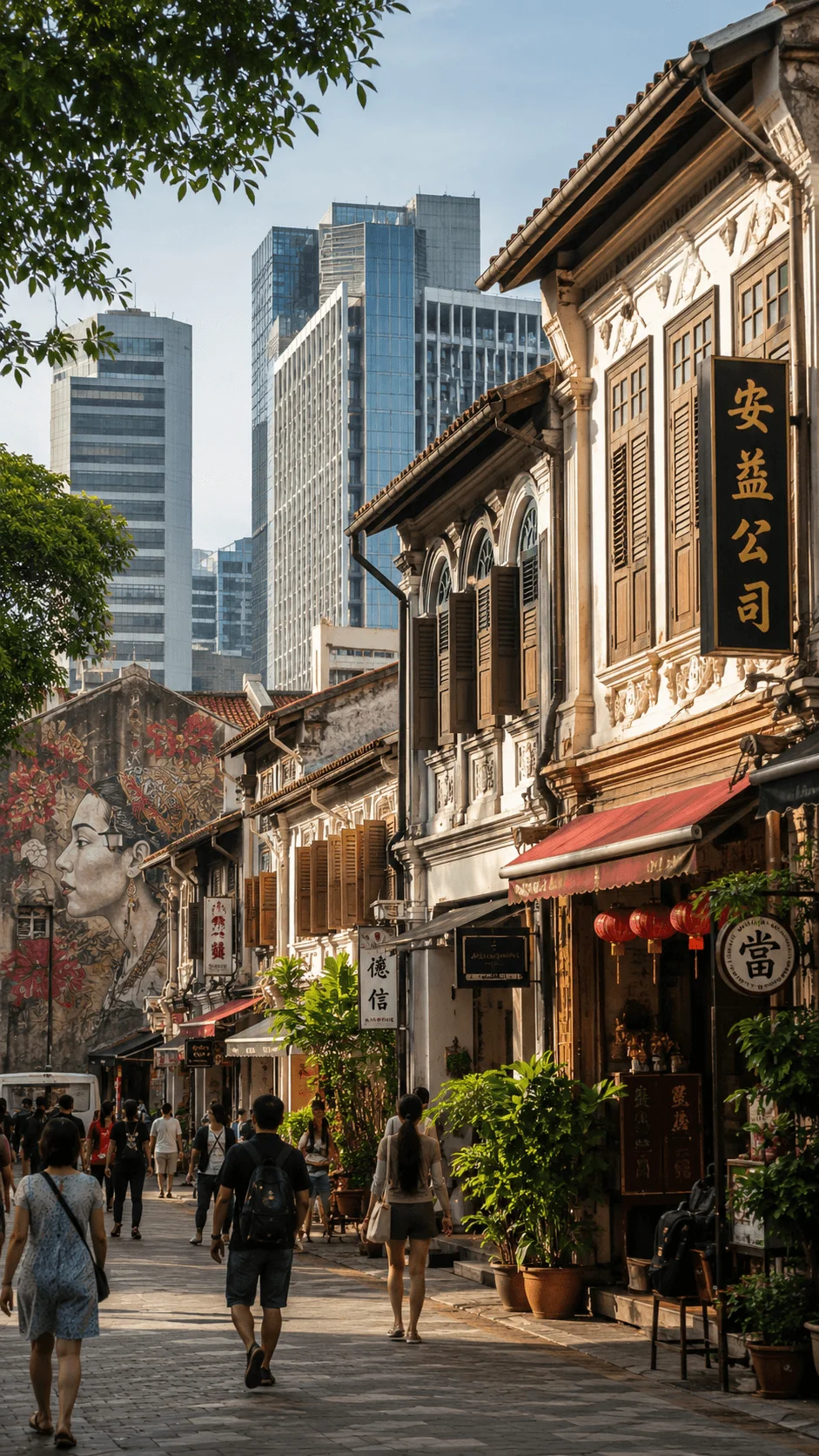 Historic urban street with traditional shop houses cultural murals local businesses and pedestrians blending heritage architecture with modern city skyscrapers in a vibrant cultural district