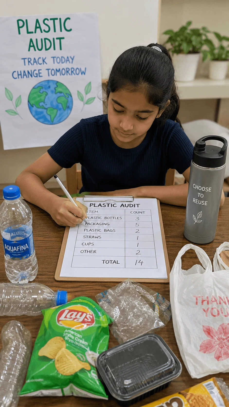 Young girl conducting a plastic audit sustainability awareness project by recording plastic waste items such as bottles bags packaging and containers while promoting reusable alternatives and environmental responsibility