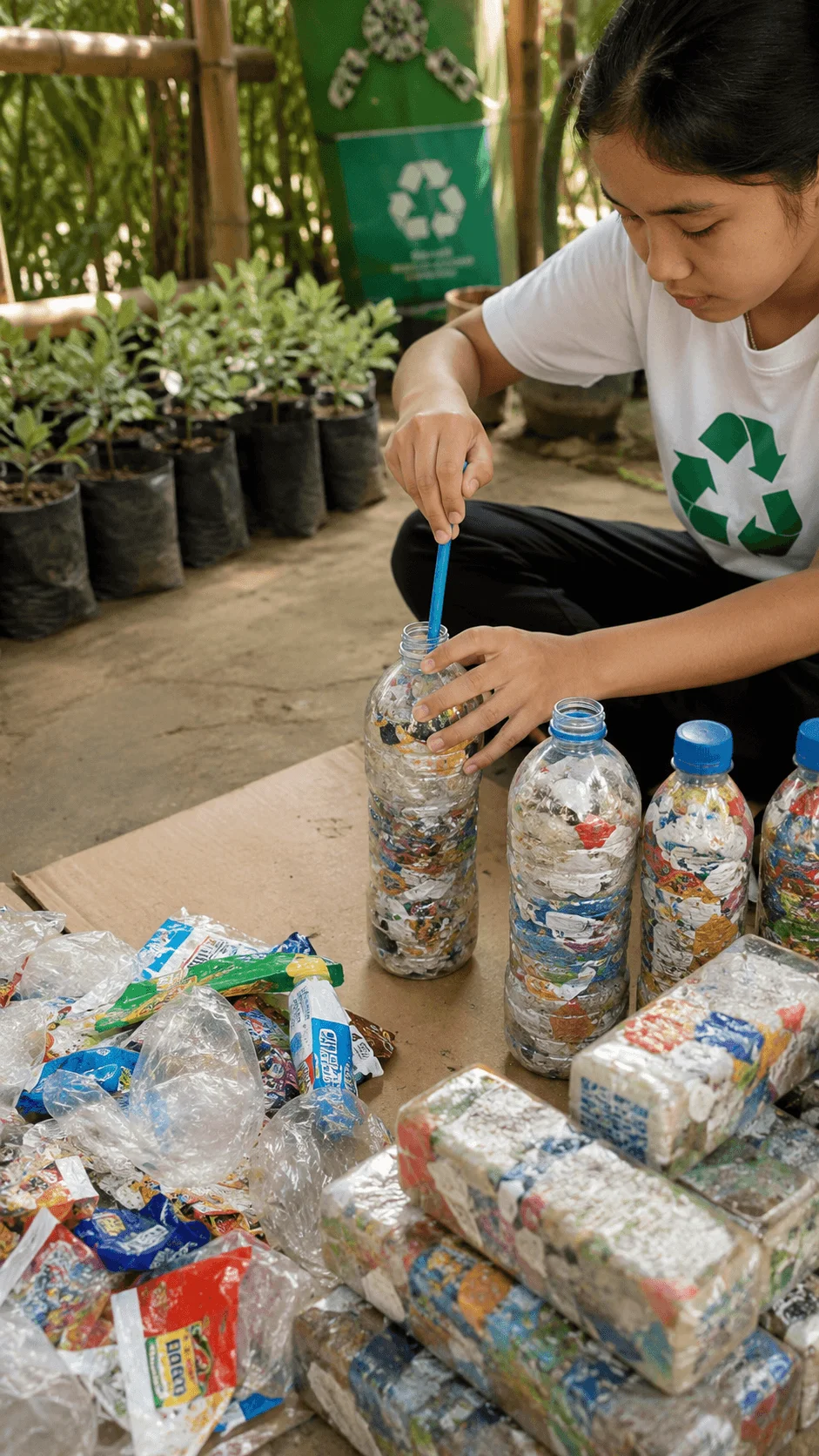 Plastic waste to eco bricks experiment showing a student compressing plastic wrappers into bottles to create reusable eco bricks for recycling and environmental sustainability projects outdoors