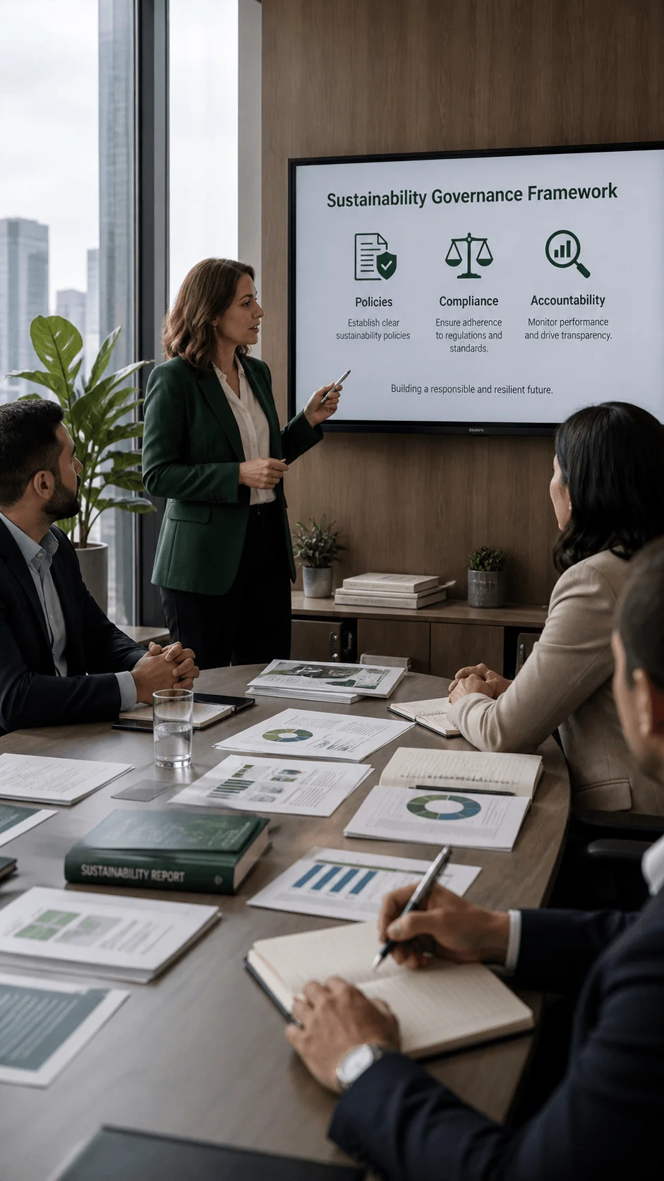 A woman presents a sustainability governance framework in a meeting pointing to a screen with policies compliance and accountability while colleagues sit around a table reviewing reports and taking notes
