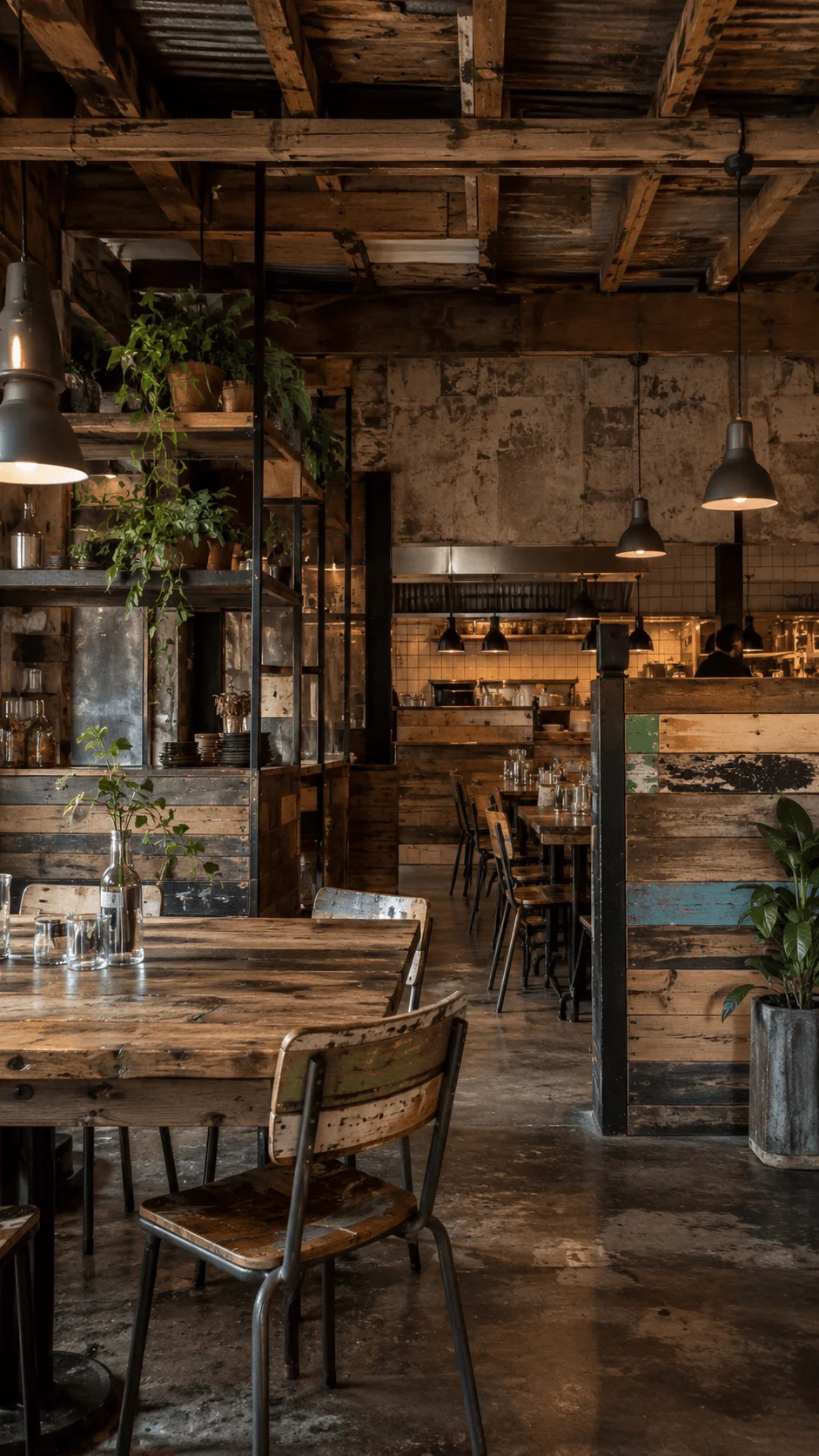 Rustic zero waste restaurant interior with reclaimed wood furniture industrial lighting recycled materials exposed beams indoor plants and sustainable vintage inspired decor