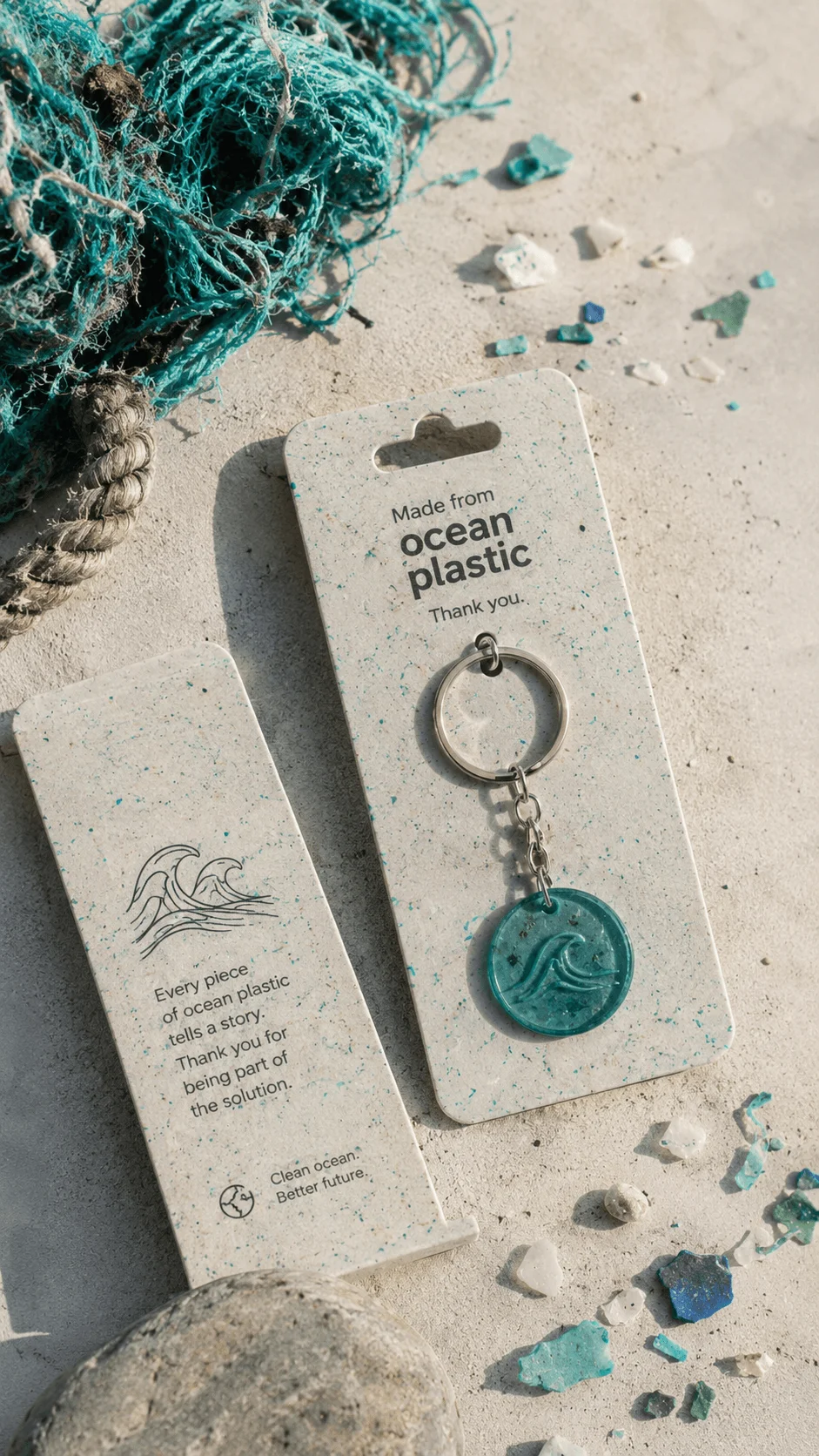 Sustainable keychain packaging made from recycled ocean plastic featuring eco friendly display cards ocean inspired branding and reusable plastic keychain design