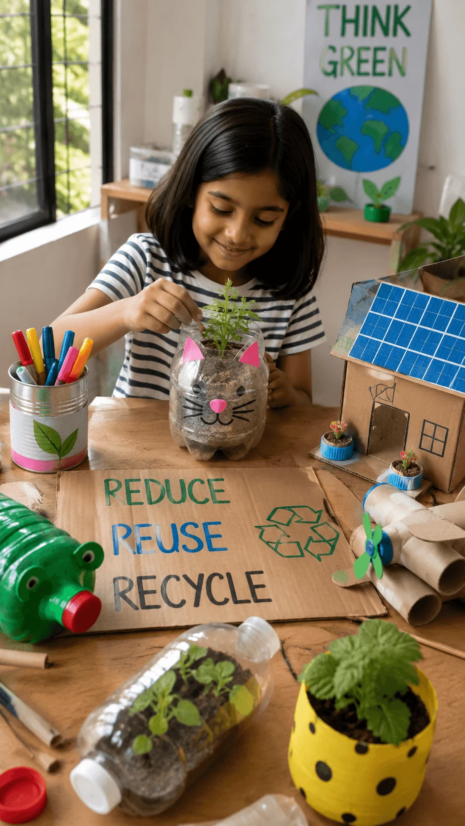 Young girl creating recycling and upcycling craft projects using reused plastic bottles cardboard and handmade planters with a reduce reuse recycle sign solar house model and eco friendly decorations on the table