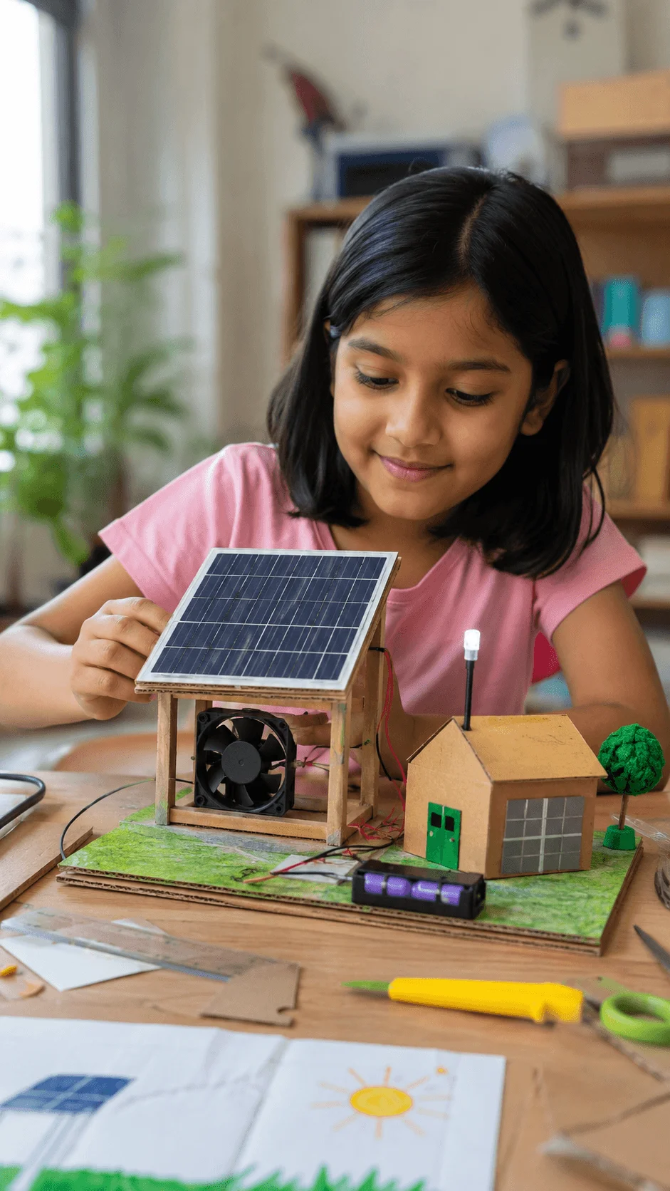 Young girl building a renewable energy sustainability project featuring a handmade solar powered house model with solar panels wiring battery and small fan on a classroom table