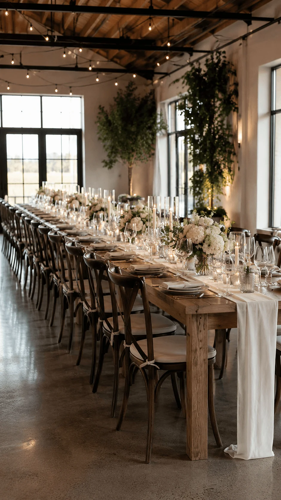 Elegant indoor wedding reception with long wooden banquet tables white floral centerpieces candles glassware and string lights in a modern rustic venue with high ceilings and large windows