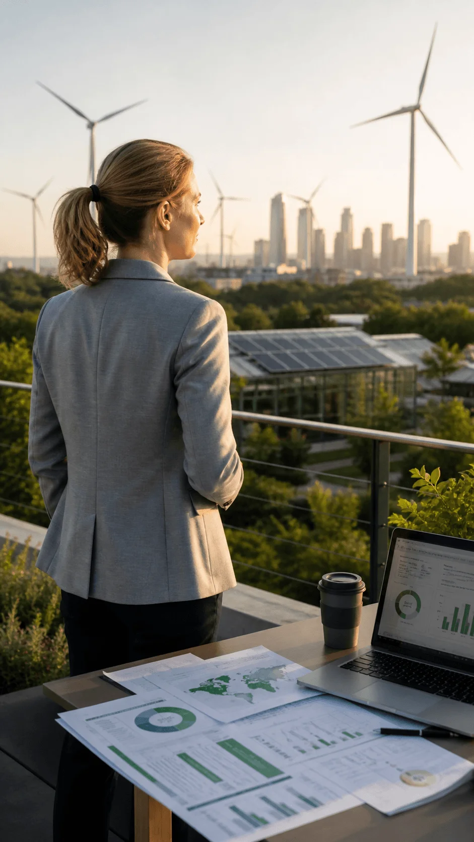 A woman stands on a terrace overlooking a city skyline with wind turbines and solar panels while sustainability reports and a laptop with charts sit on a table beside her