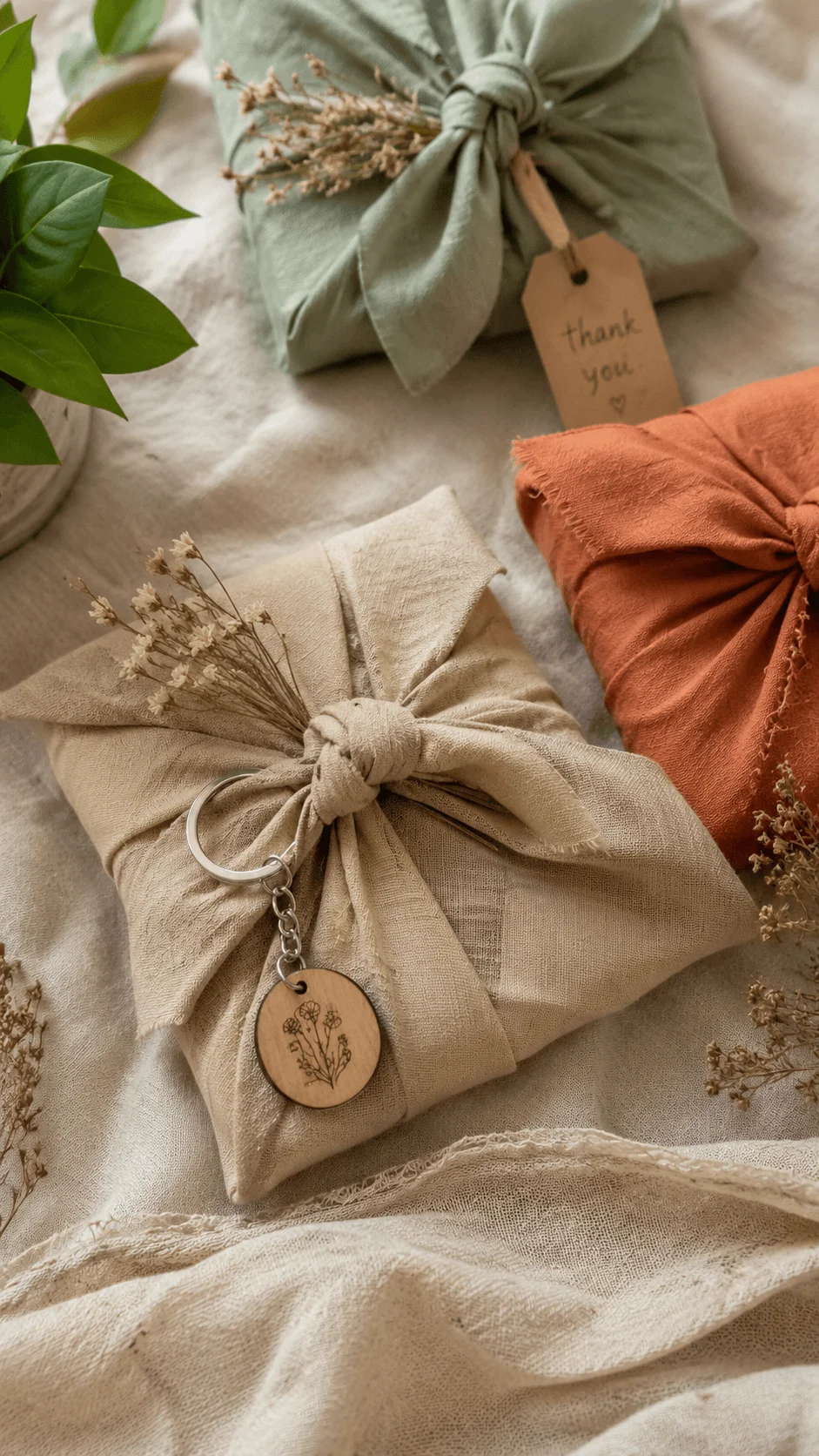 Reusable fabric wrapped gift packaging with handmade wooden keychain dried flowers natural textiles and eco friendly sustainable branding aesthetic