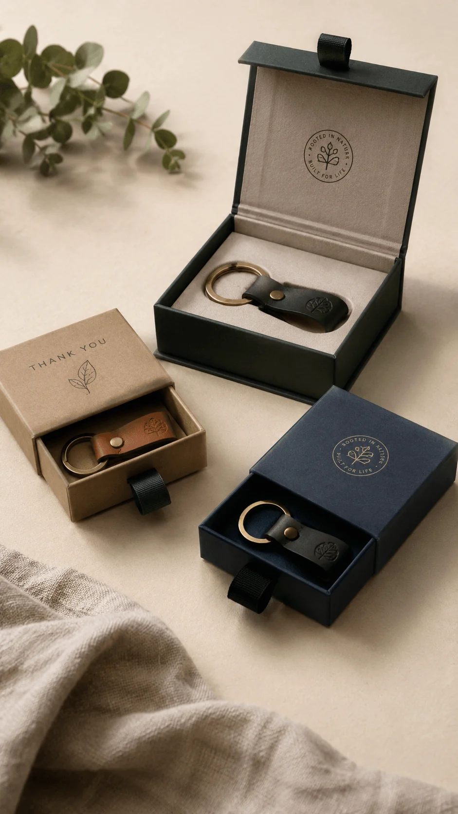 Reusable premium gift boxes for sustainable keychain packaging featuring minimalist drawer boxes leather keychains and eco friendly branded presentation designs