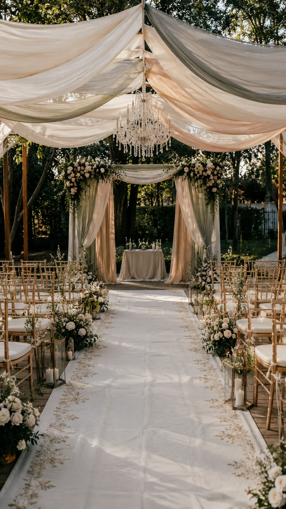 Elegant outdoor wedding ceremony aisle with flowing fabric drapery chandeliers white floral arrangements lanterns and gold chairs creating a romantic garden celebration setting
