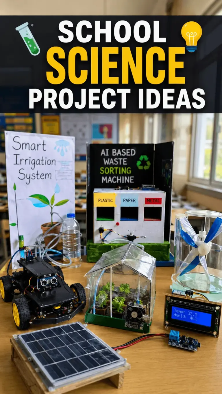 Poster showing school science project ideas including a smart irrigation system, AI based waste sorting machine, solar panel powered robot car, mini greenhouse setup, wind turbine model, and digital temperature humidity monitor displayed on a classroom table