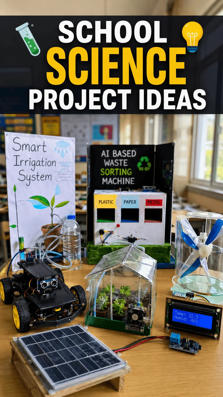 Poster showing school science project ideas including a smart irrigation system, AI based waste sorting machine, solar panel powered robot car, mini greenhouse setup, wind turbine model, and digital temperature humidity monitor displayed on a classroom table