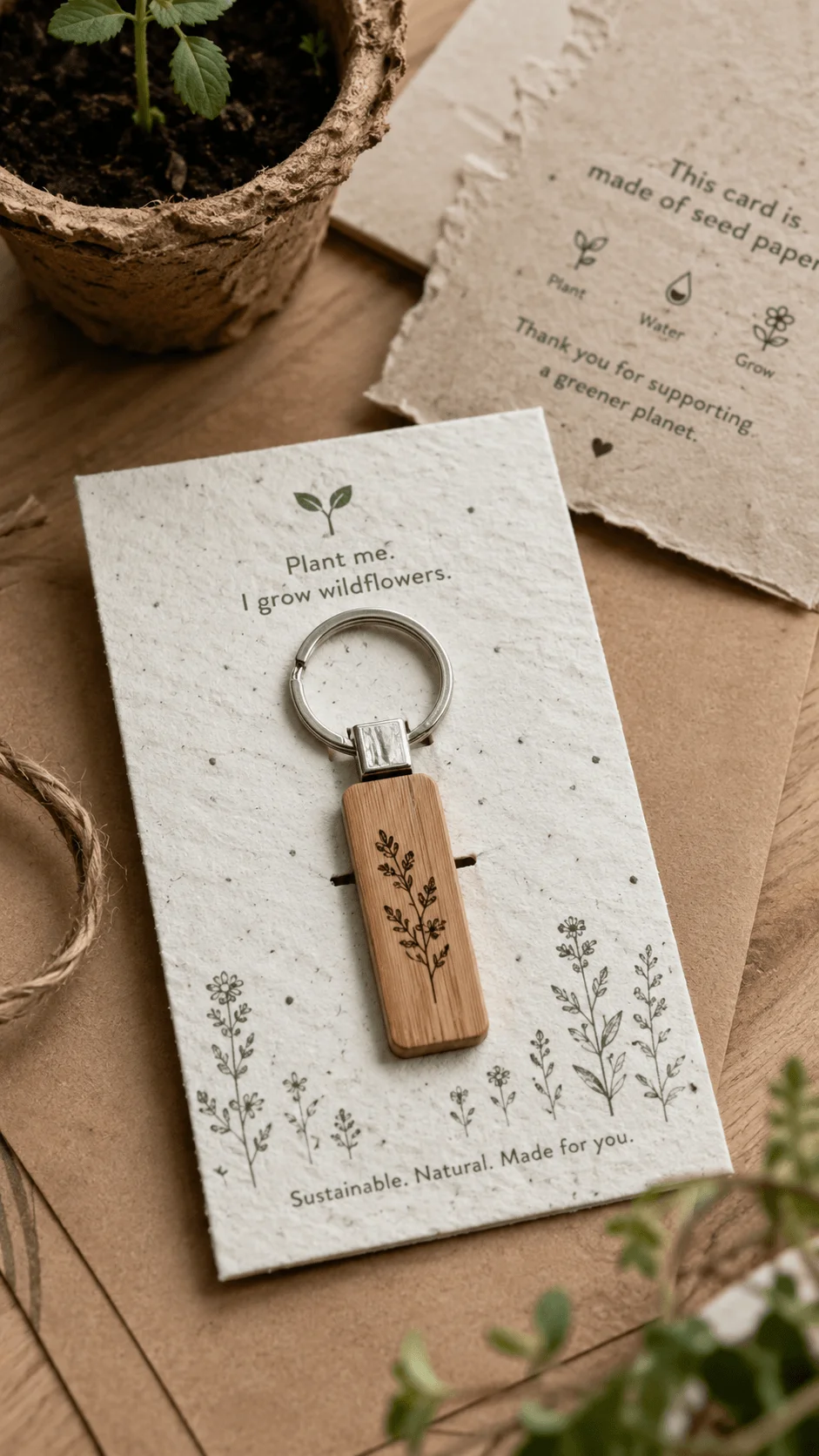 Sustainable wooden keychain displayed on plantable seed paper packaging with floral illustrations eco friendly branding and natural kraft paper background
