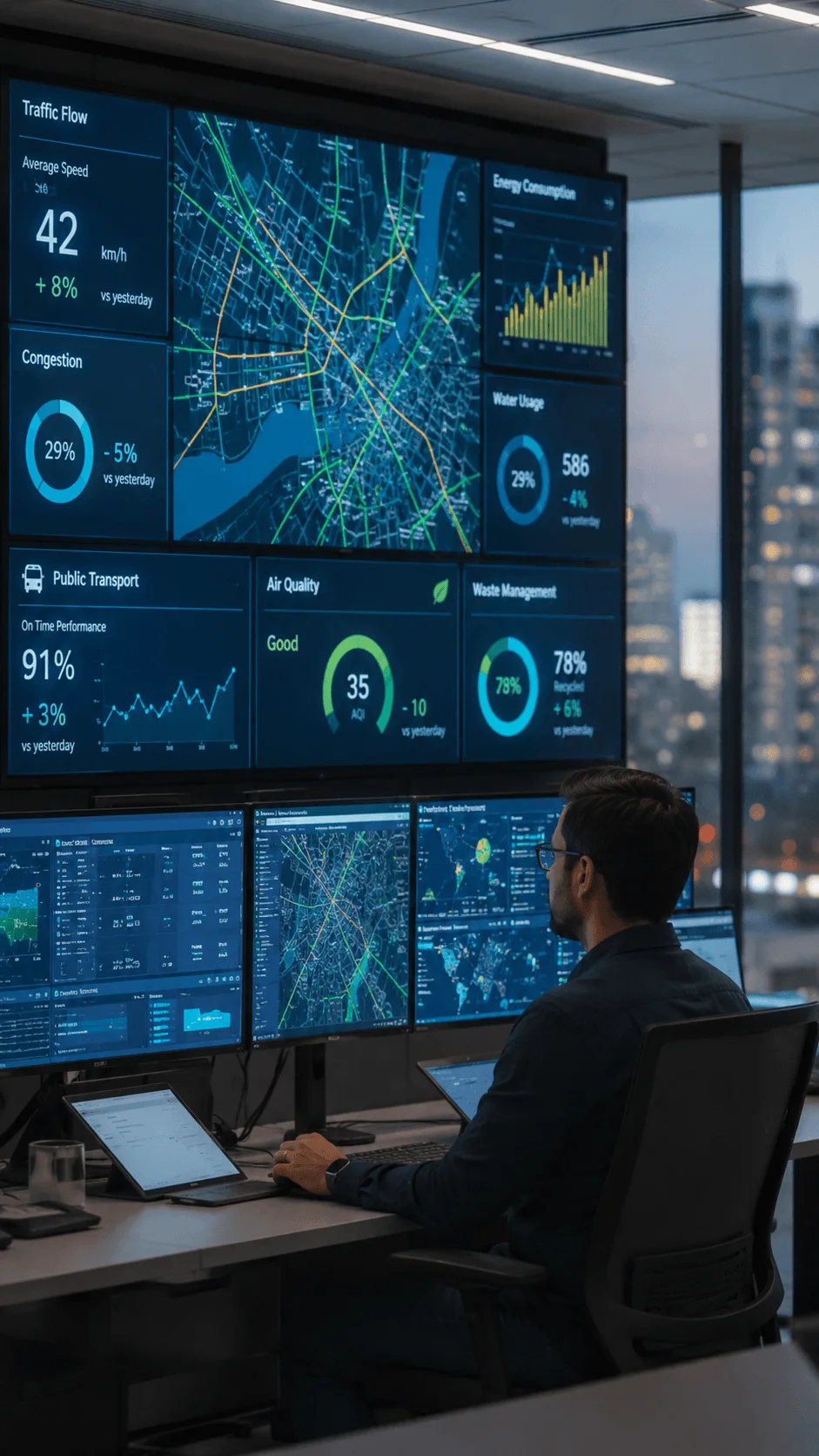 City operations analyst monitoring smart urban dashboards displaying traffic flow energy consumption public transport air quality water usage and waste management data in a high tech control center