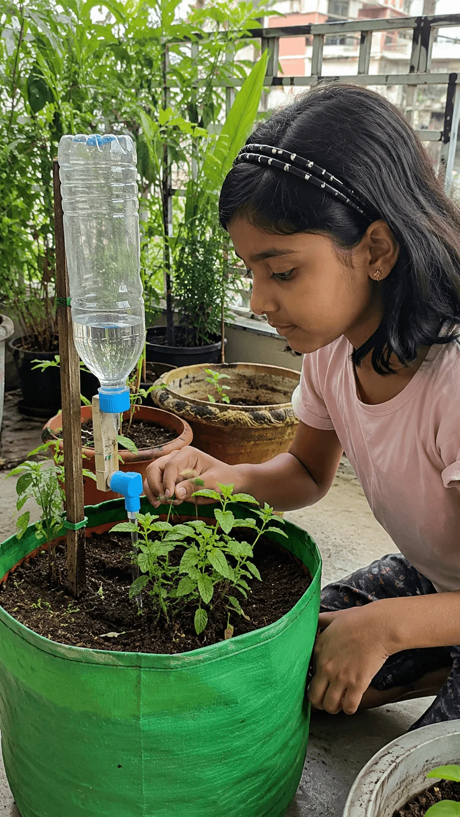 Young girl caring for plants in a container garden using a homemade drip irrigation system made from a recycled plastic bottle as part of a smart gardening sustainability STEM project for kids