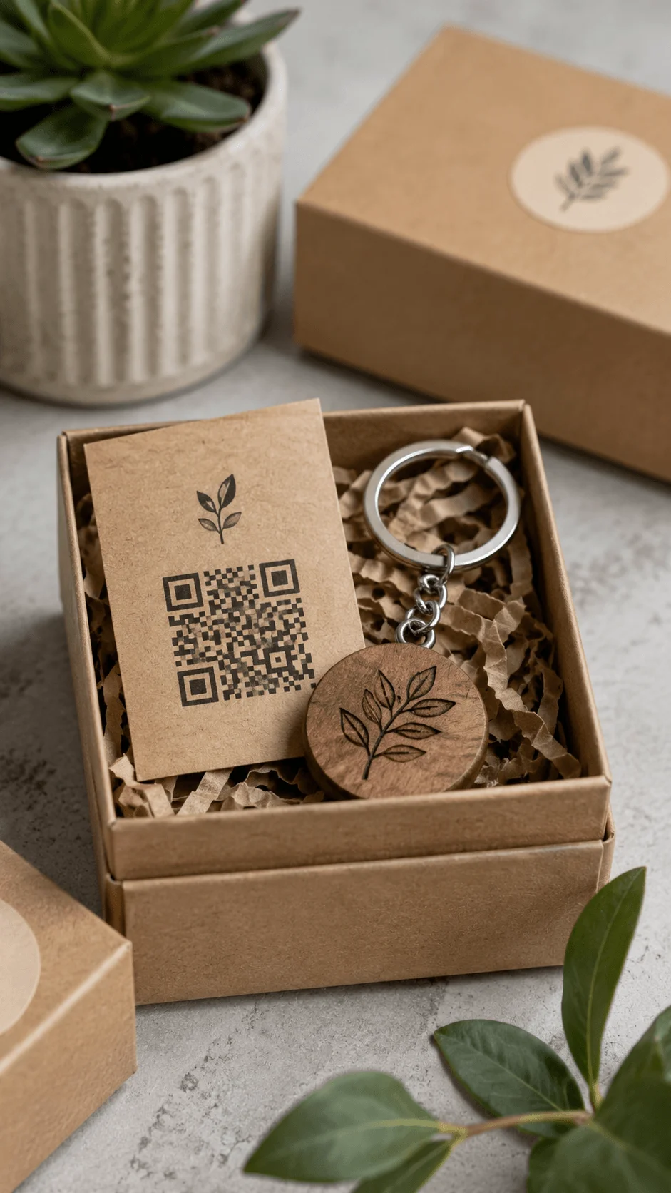 Eco friendly keychain packaging with engraved wooden keychain recyclable kraft gift box shredded paper filler and QR code card for sustainable brand storytelling