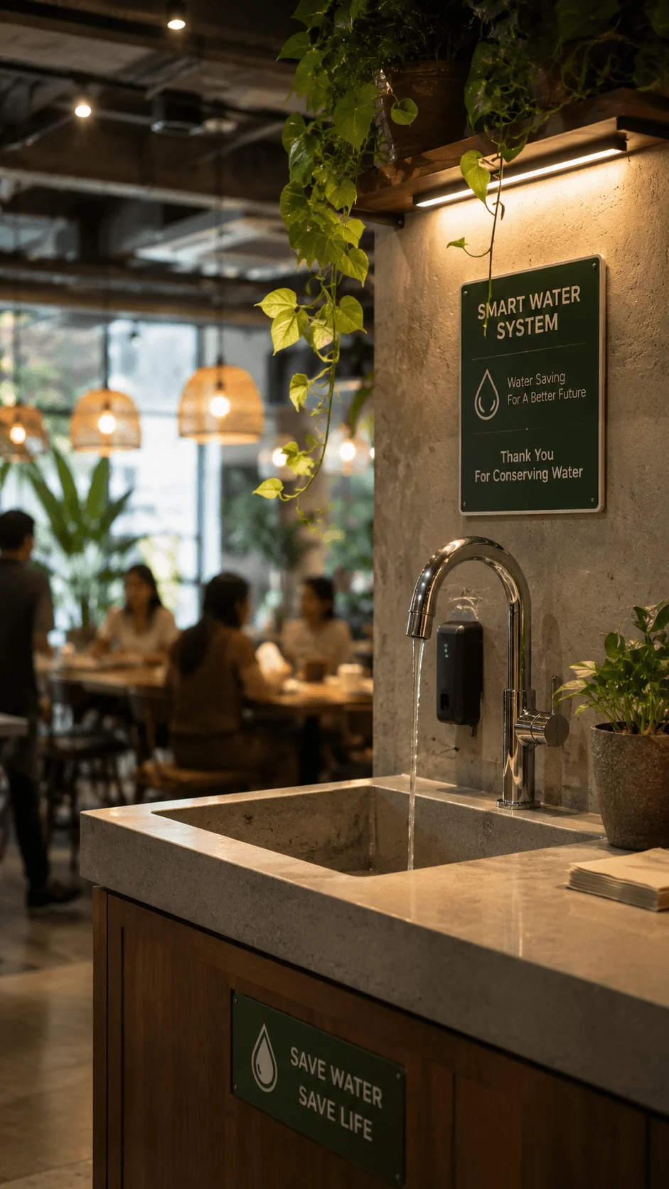Eco friendly restaurant interior featuring a smart water saving system modern sink indoor plants warm lighting and sustainability focused dining design with water conservation signage