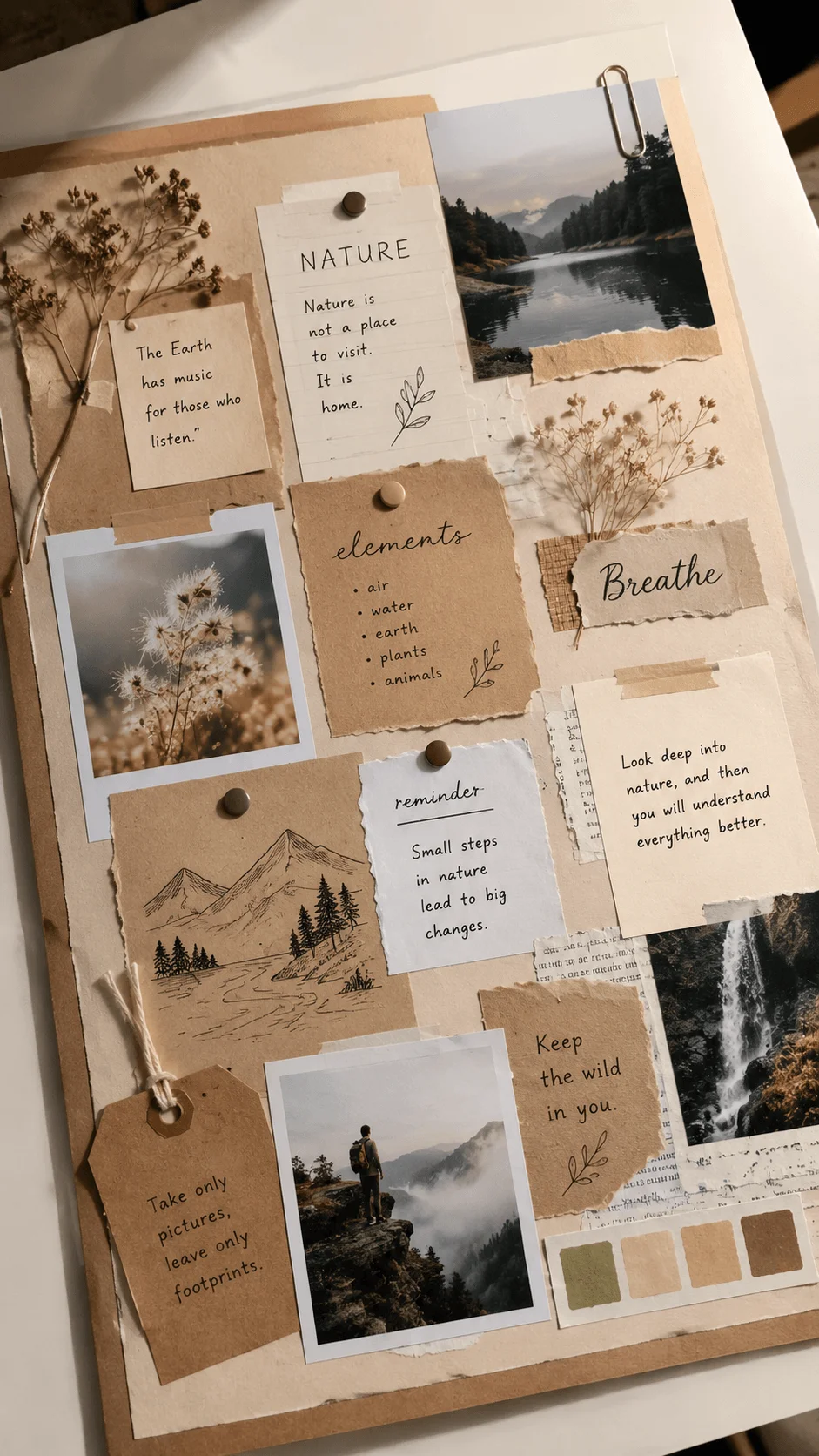 Nature inspired aesthetic soft board project layout featuring earthy beige tones dried flowers motivational quotes scenic landscape photos handmade paper textures and minimalist scrapbook elements arranged on a creative presentation board with a calm cozy vibe