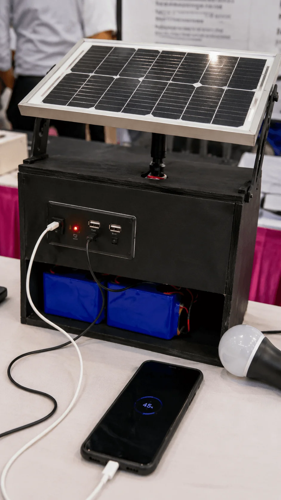Solar powered mobile charging station project with adjustable solar panel rechargeable battery system USB charging ports and smartphone charging display designed for renewable energy and portable power solutions