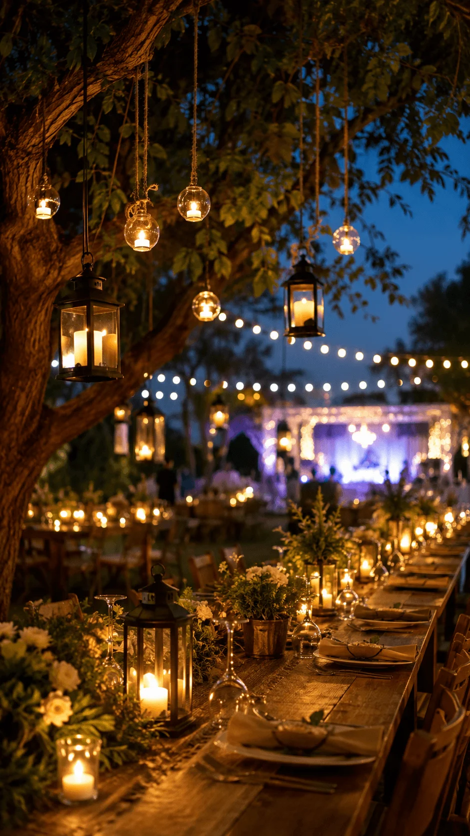 Romantic outdoor evening wedding reception with candlelit lanterns hanging glass lights string lights and rustic wooden tables set beneath large trees creating a warm and intimate atmosphere