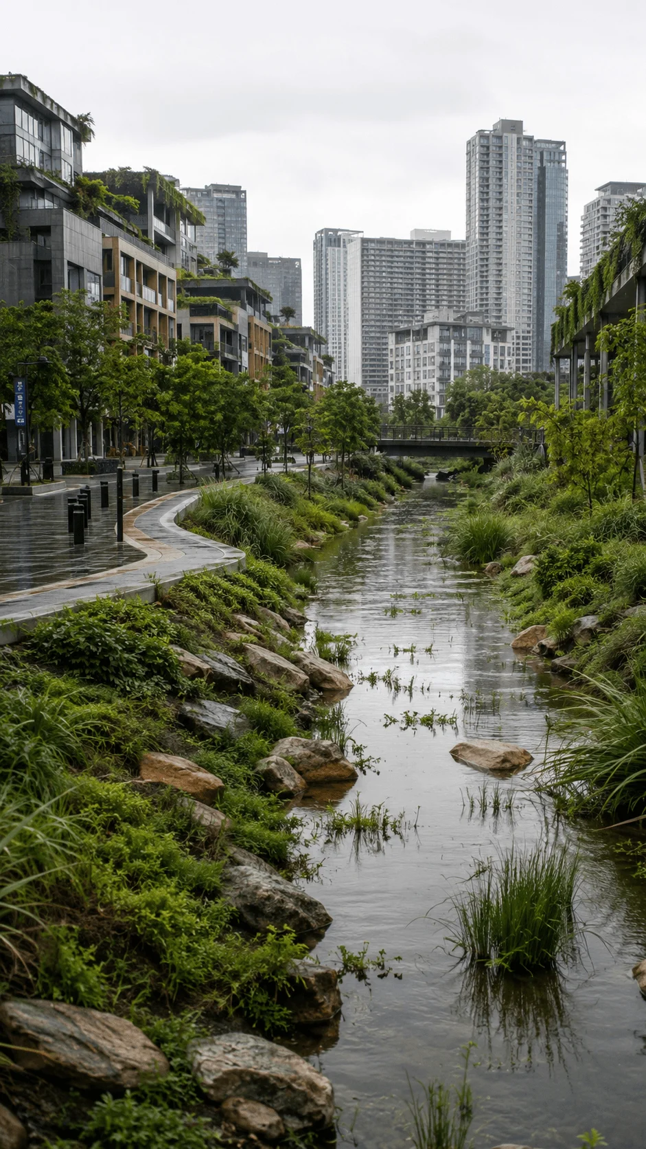 Rainy urban landscape featuring a natural water canal with rocks and grasses surrounded by modern green buildings tree lined walkways and high rise apartments in a sustainable city setting