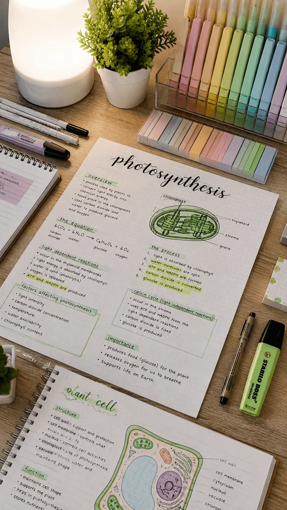 StudyTok inspired biology notes on photosynthesis and plant cells featuring pastel stationery neat handwritten diagrams highlighted text and organized study pages arranged on a cozy desk with markers sticky notes and soft lighting