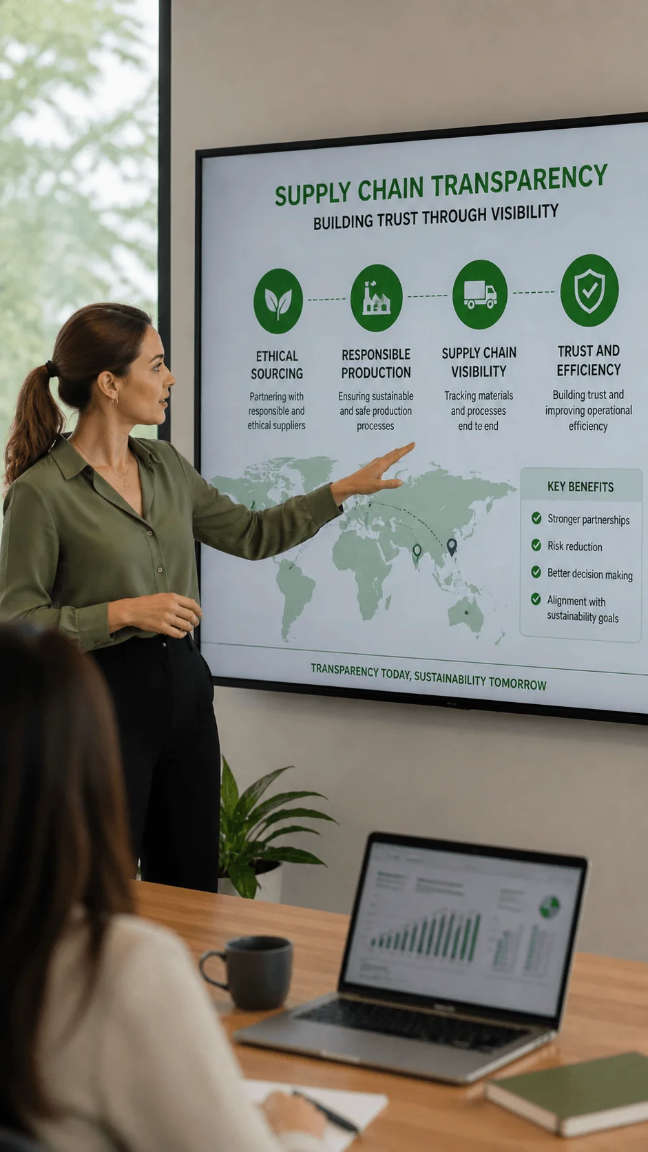 A woman presents a supply chain transparency overview pointing to a screen showing ethical sourcing responsible production supply chain visibility and trust and efficiency with a world map and benefits listed while colleagues view data on a laptop