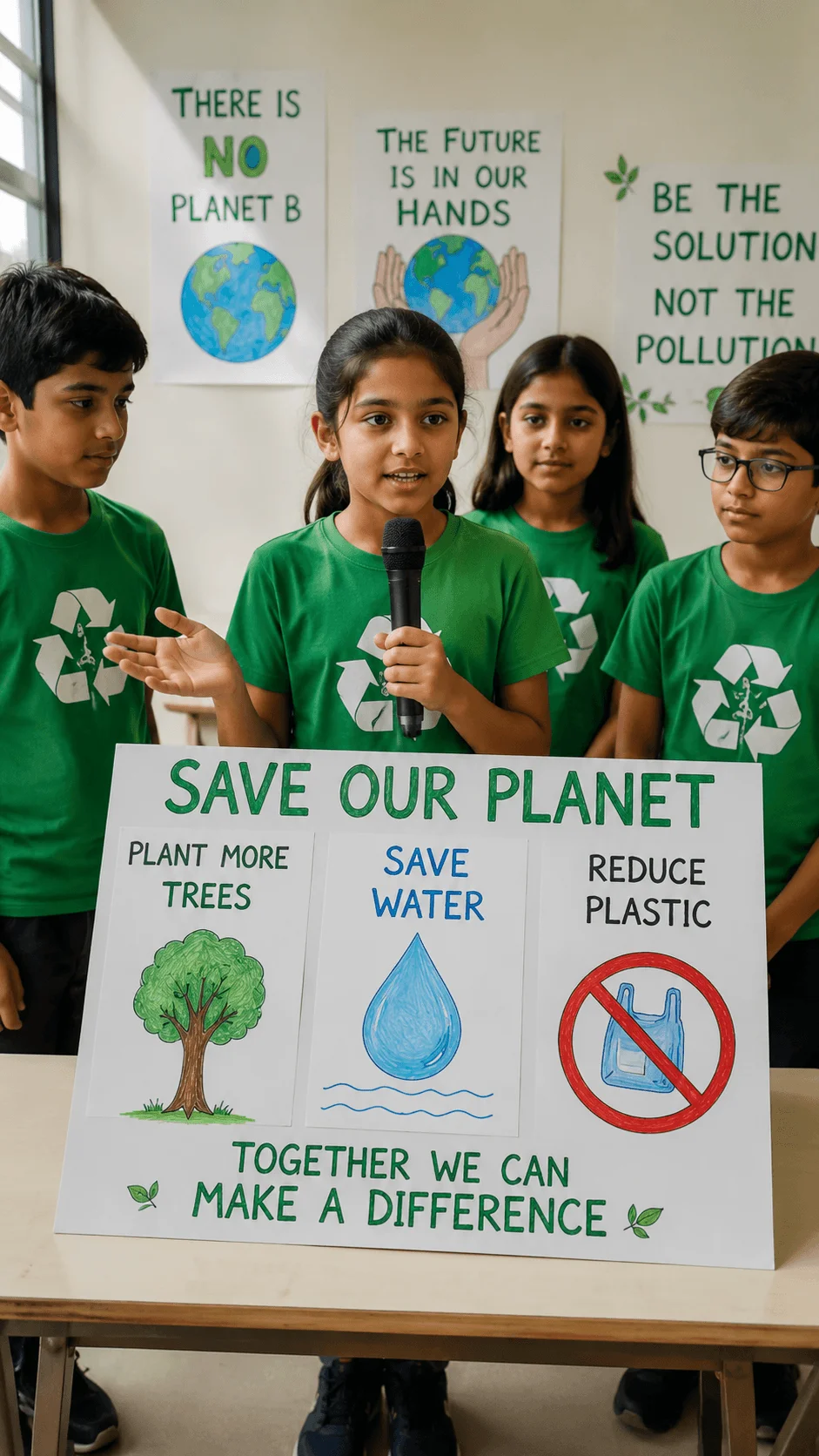 Group of children presenting a sustainability awareness campaign with posters promoting saving water planting trees reducing plastic waste and protecting the planet through eco friendly actions and recycling initiatives