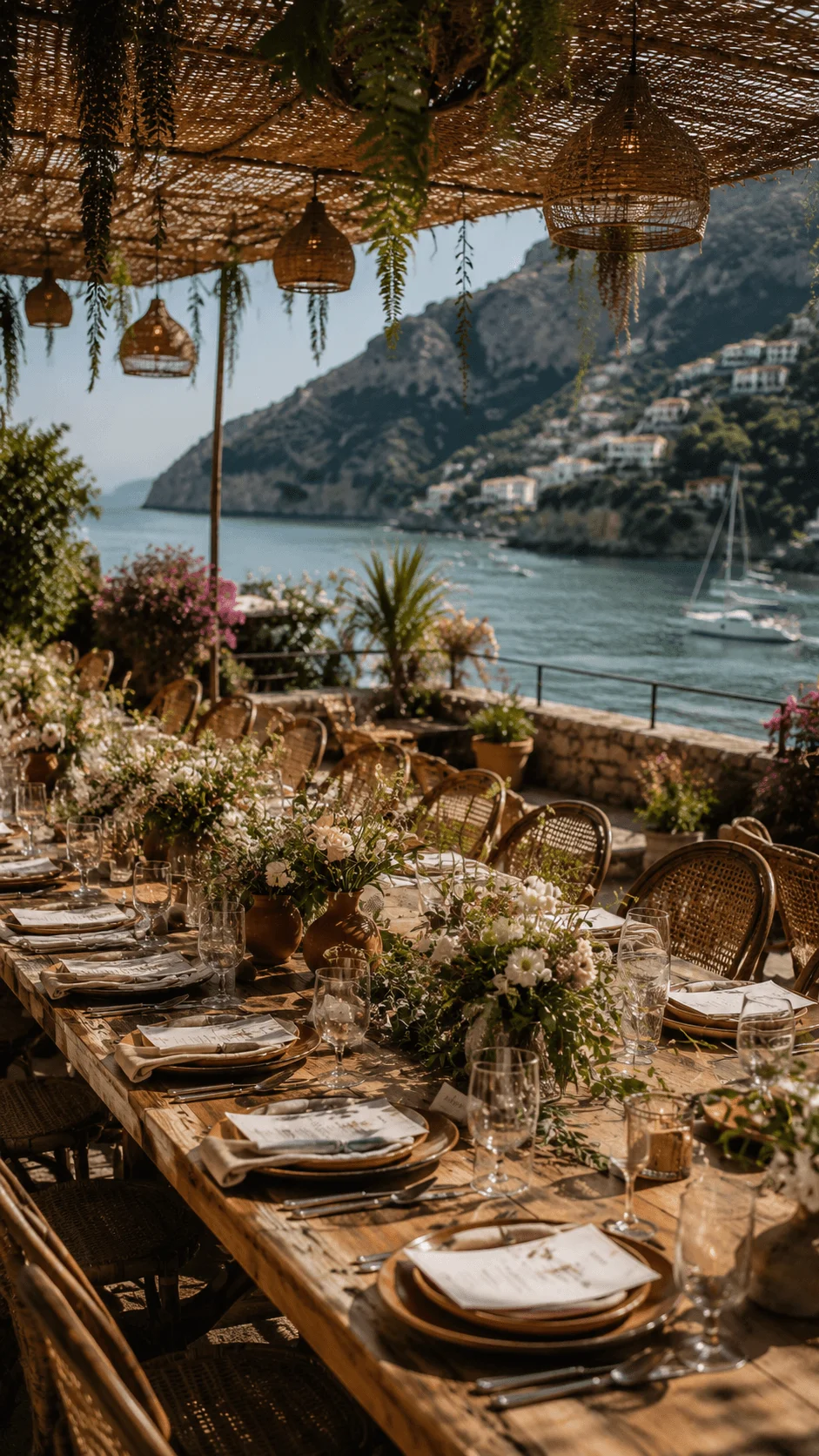 Scenic outdoor wedding reception by the seaside with rustic wooden tables woven pendant lights floral centerpieces and rattan chairs under a shaded canopy overlooking coastal mountains and sailboats