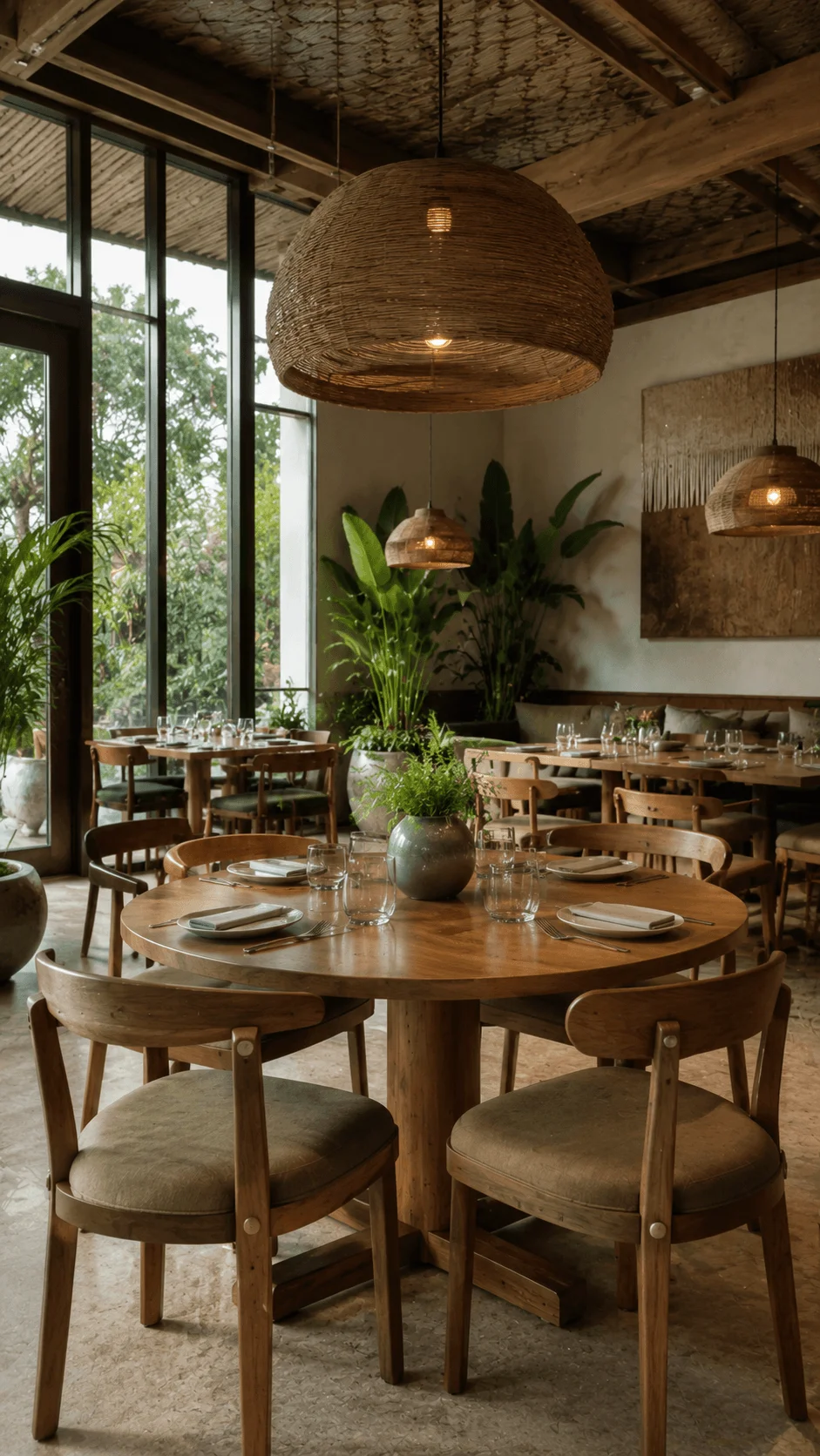 Sustainable restaurant interior with durable wooden furniture woven pendant lighting indoor plants natural textures and warm eco friendly dining atmosphere designed for long lasting use