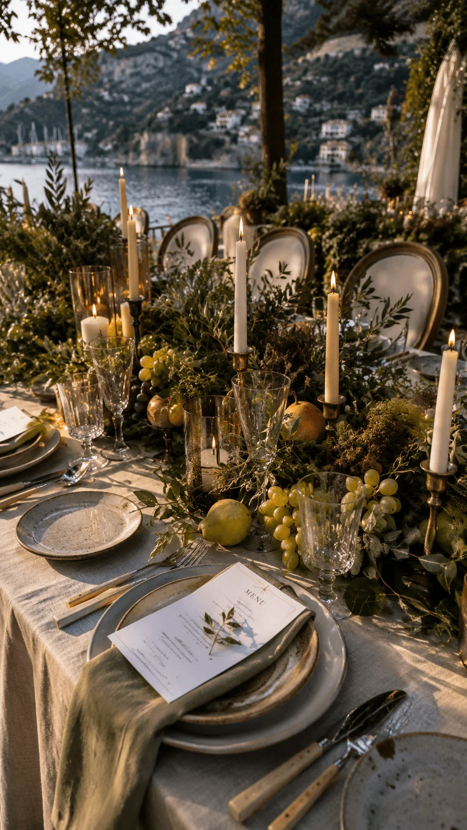 Elegant outdoor wedding tablescape with candles greenery grapes pears crystal glassware and rustic dinnerware overlooking a scenic lakeside and mountain backdrop at sunset
