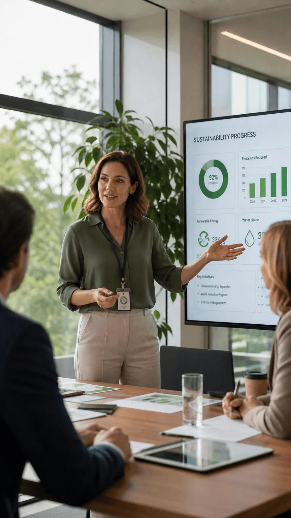 A woman presents sustainability progress in a meeting pointing to a screen with charts on emissions renewable energy and water usage while colleagues sit at a table with documents and a tablet in a bright office with large windows and plants