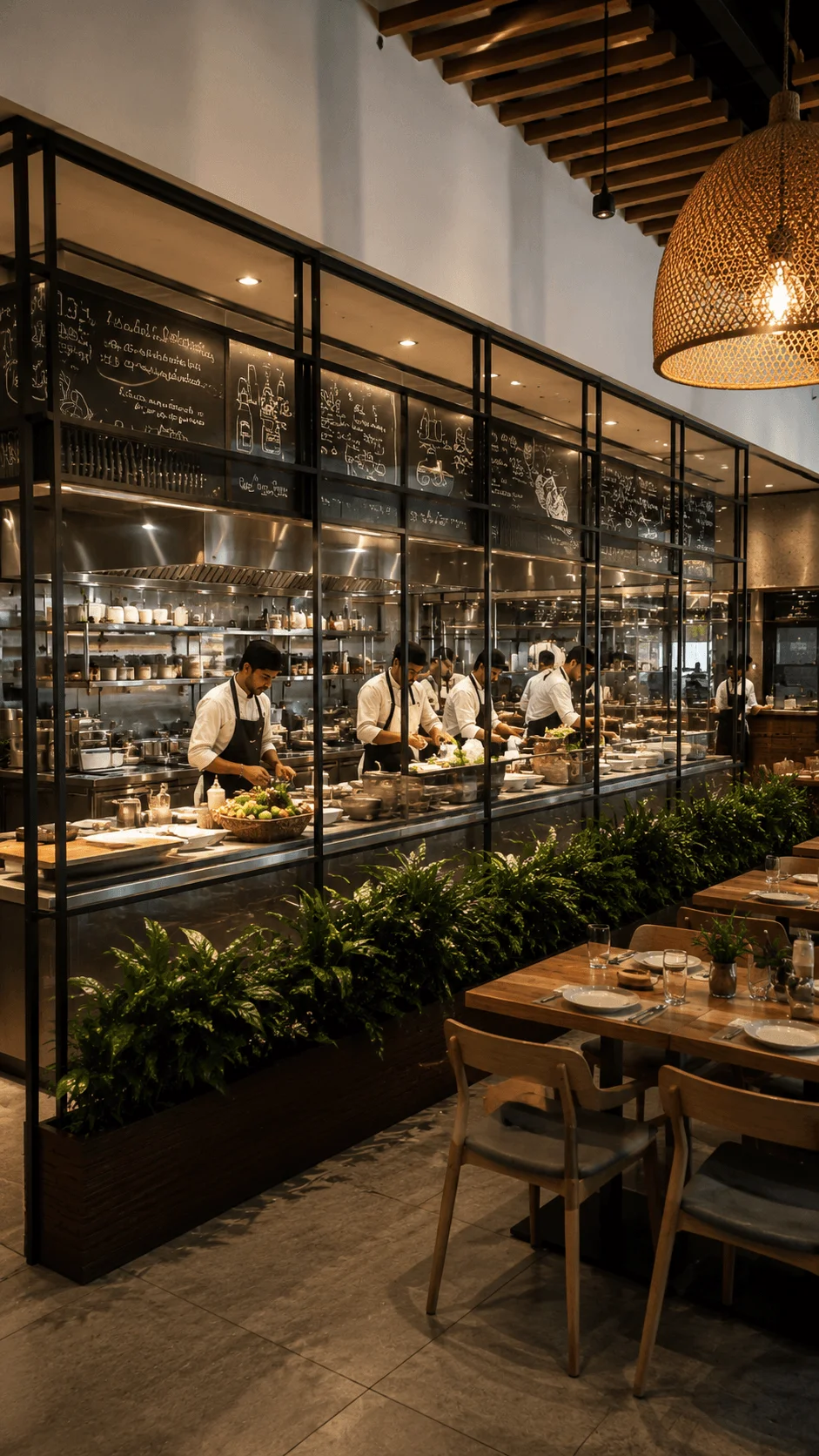 Modern sustainable restaurant interior with transparent open kitchen glass partitions chefs preparing food indoor greenery wooden furniture and warm eco friendly dining atmosphere