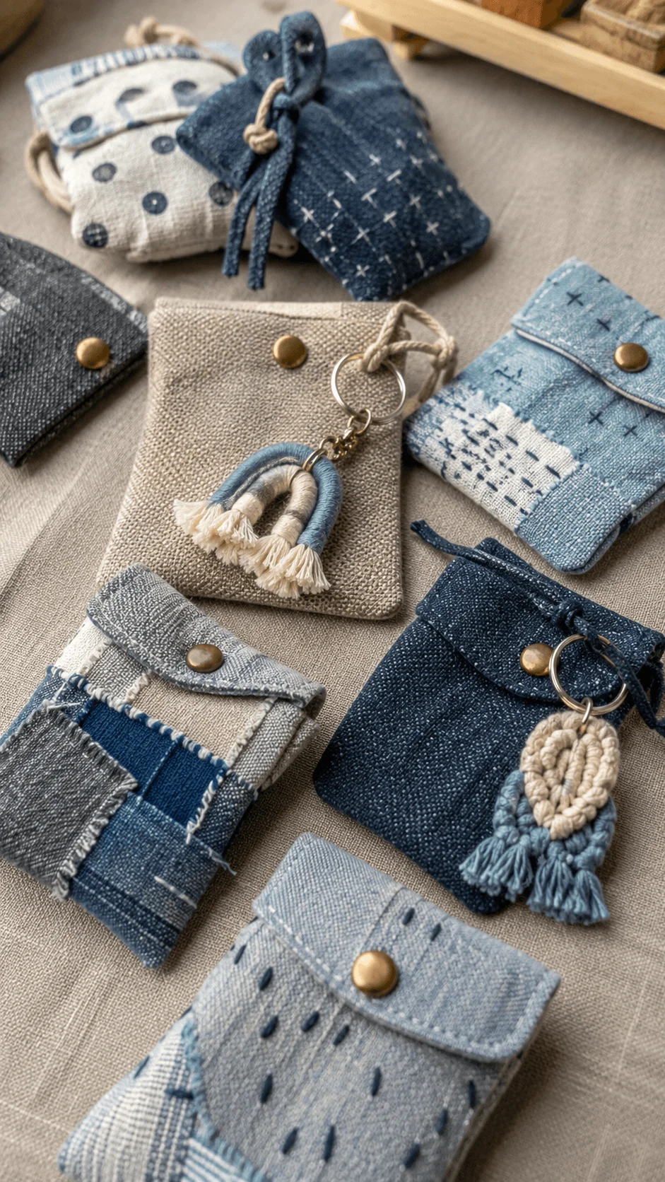 Upcycled textile packaging for handmade keychains featuring patchwork fabric pouches denim scraps macrame charms and eco friendly reusable gift packaging designs