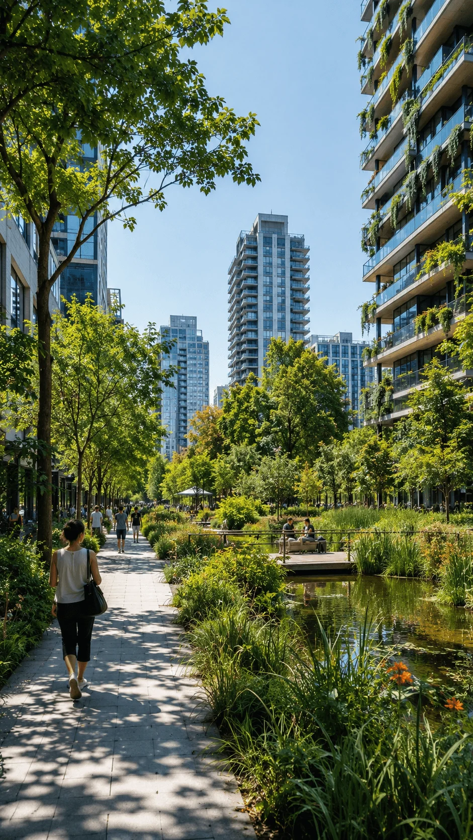 Green urban park with walking paths ponds native plants and residential high rises featuring biodiversity focused landscaping and sustainable green infrastructure in a modern cityscape