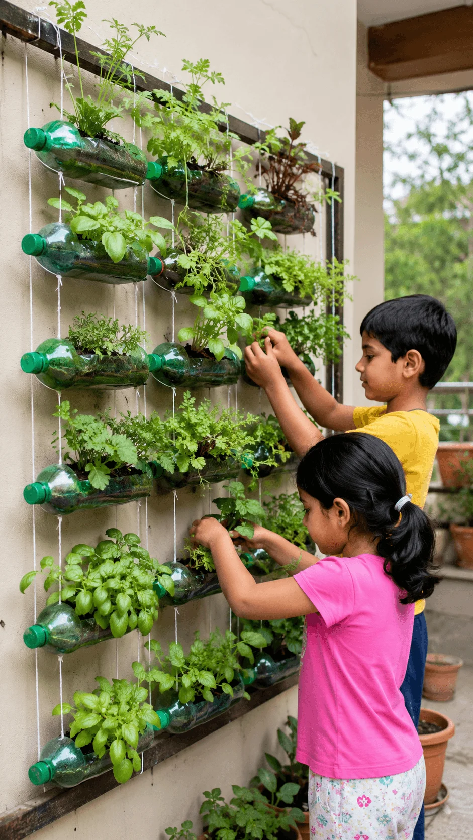 Two children caring for a vertical garden made from recycled plastic bottles attached to a wall as part of a sustainability gardening project that teaches reuse planting and eco friendly living