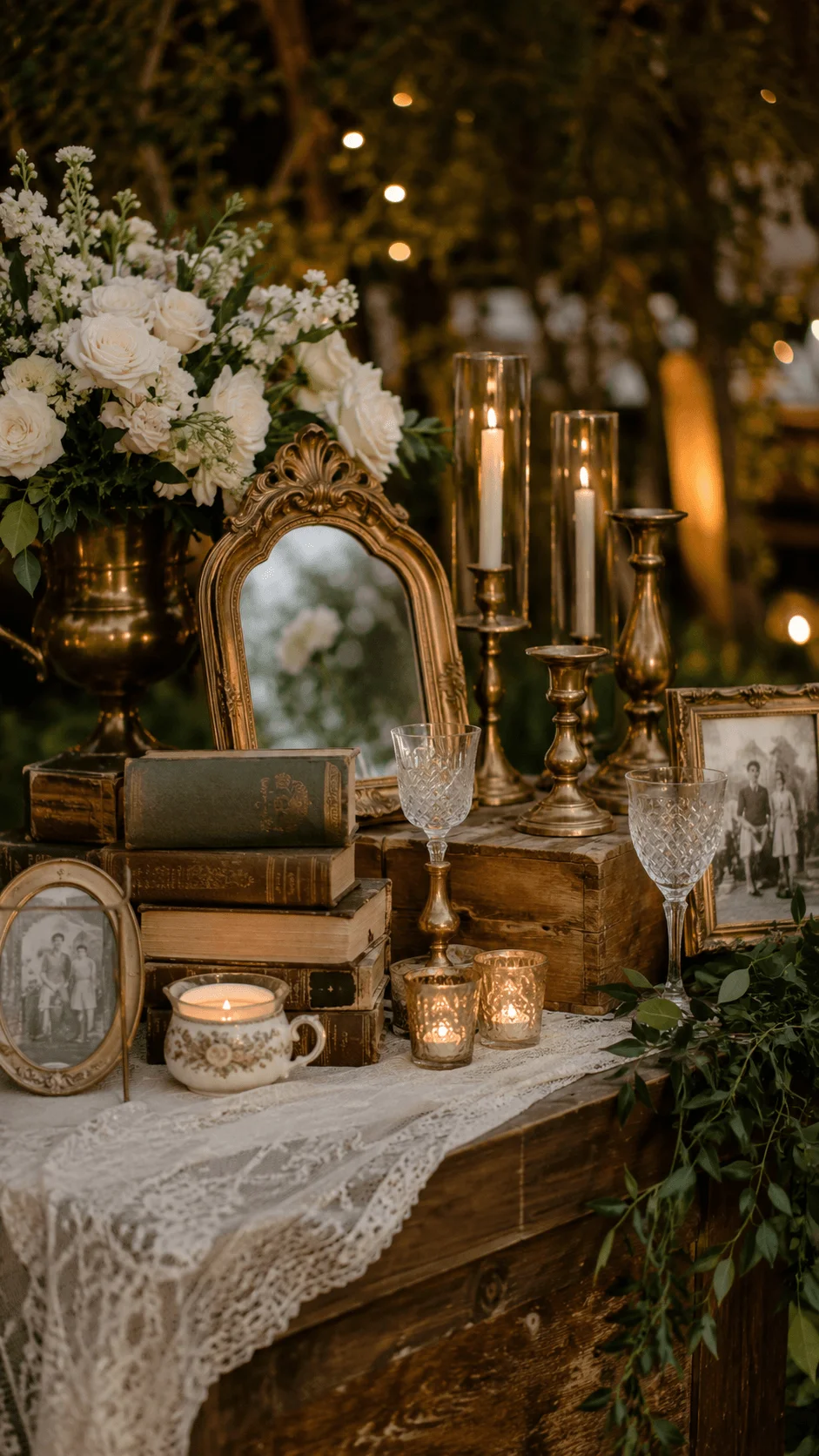 Vintage inspired wedding decor display with antique books framed photos candles ornate mirrors crystal glassware and white floral arrangements on rustic wooden tables with warm ambient lighting
