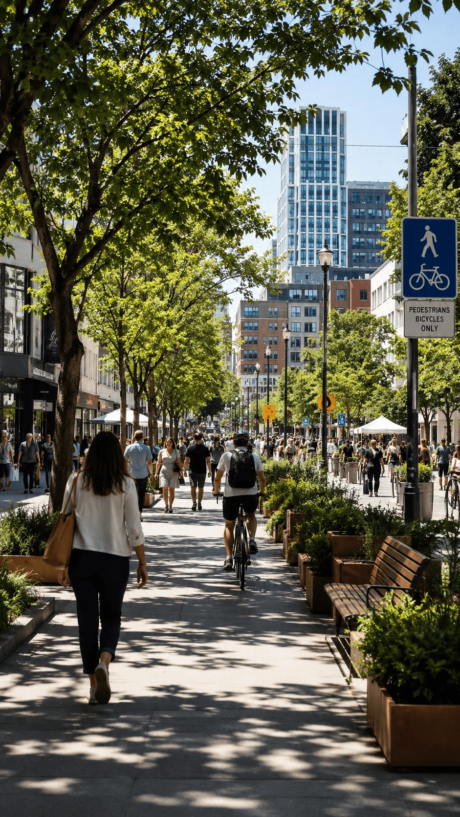Tree lined pedestrian friendly city street with cyclists walkers benches and green public spaces designed for walkability and people first urban living