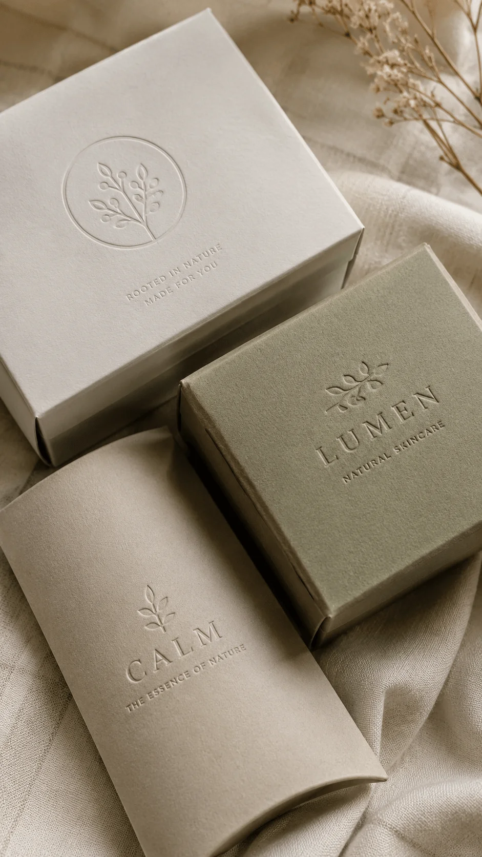 Minimalist embossed eco friendly packaging boxes with zero ink branding natural textures and sustainable luxury packaging design aesthetic