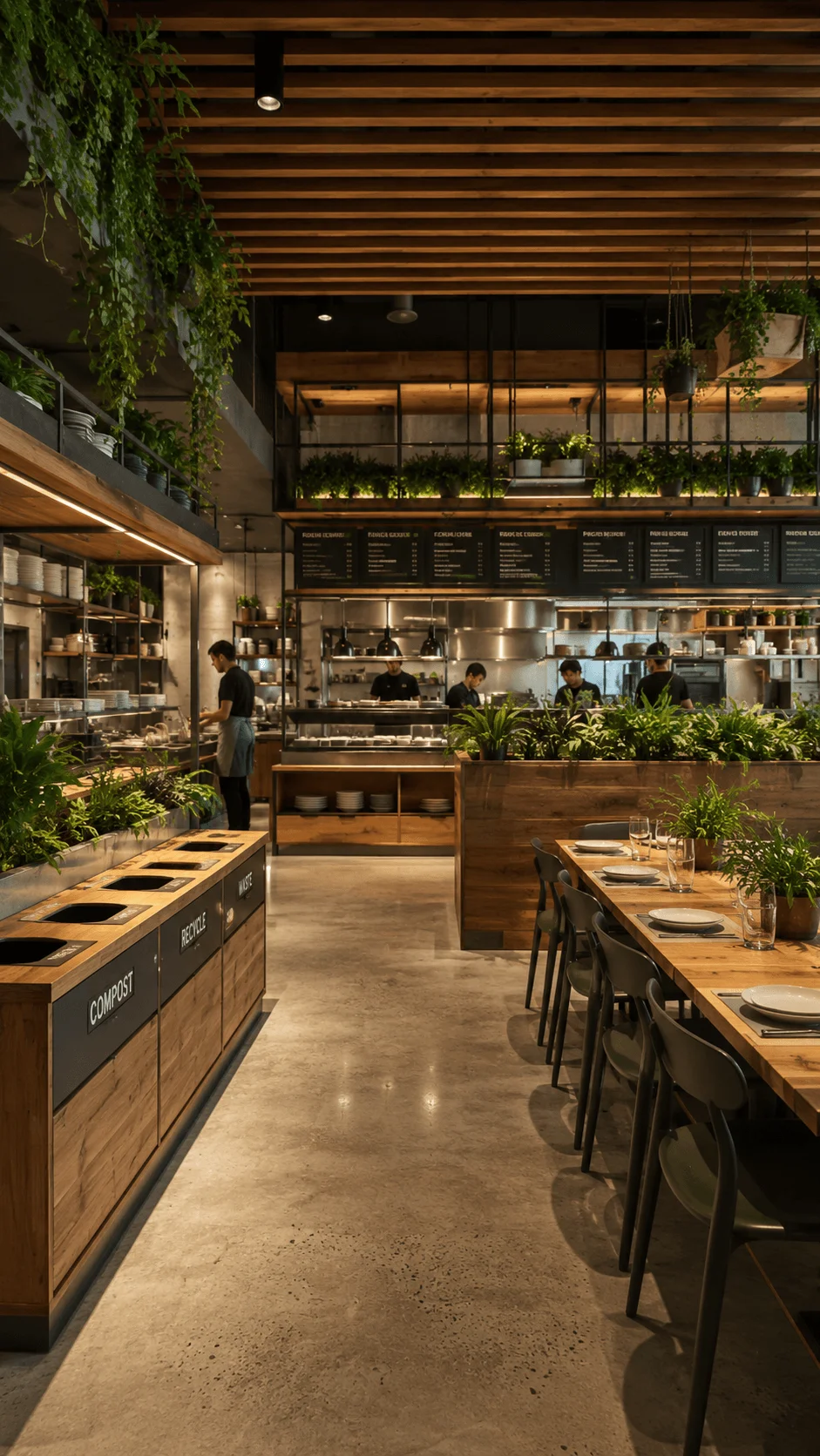 Modern zero waste restaurant interior with smart layout planning compost recycle and waste stations open kitchen wooden furniture indoor plants and sustainable eco friendly dining design