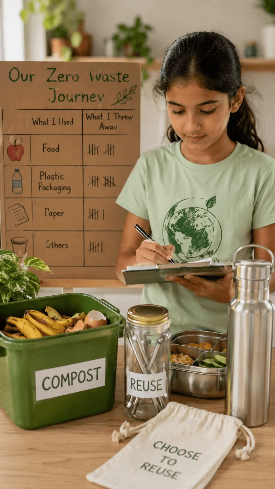 Young girl tracking household waste reduction for a zero waste sustainability project using a chart clipboard compost bin reusable containers metal straws and eco friendly items at home