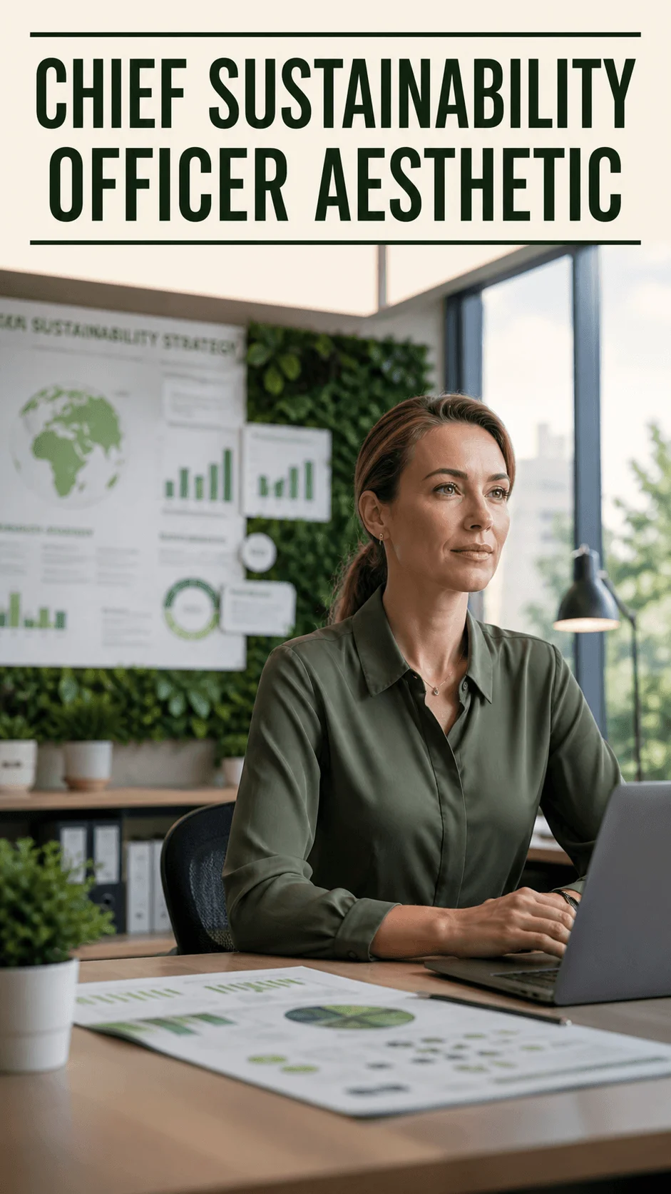 Professional woman working on sustainability strategy in eco friendly office with green wall decor charts and laptop under chief sustainability officer aesthetic heading
