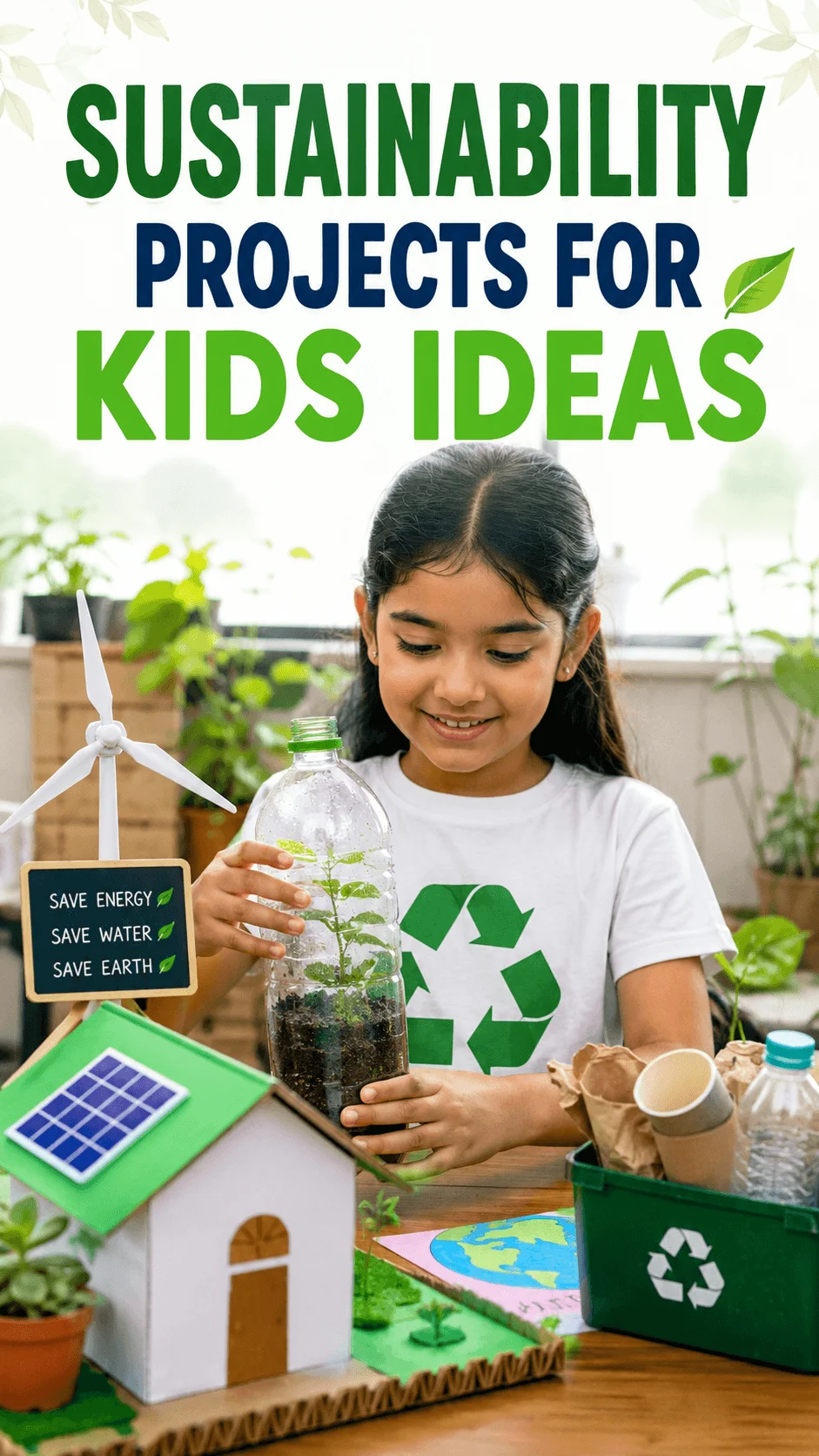 Young girl smiling while holding a recycled plastic bottle planter surrounded by eco friendly school projects including a solar powered model house wind turbine recycling bin and save energy sign with the text Sustainability Projects for Kids Ideas