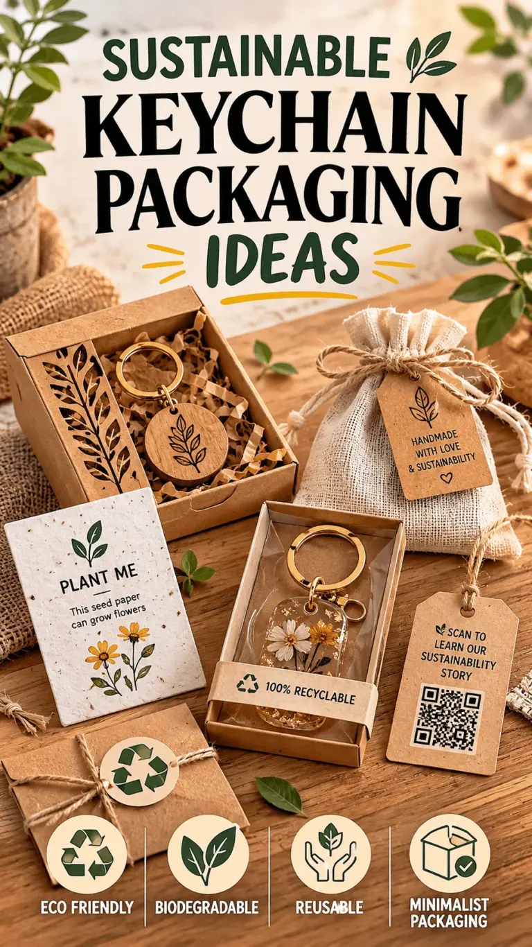 Eco friendly sustainable keychain packaging ideas featuring recyclable kraft boxes reusable fabric pouches seed paper tags wooden keychains QR code tags and biodegradable minimalist packaging designs