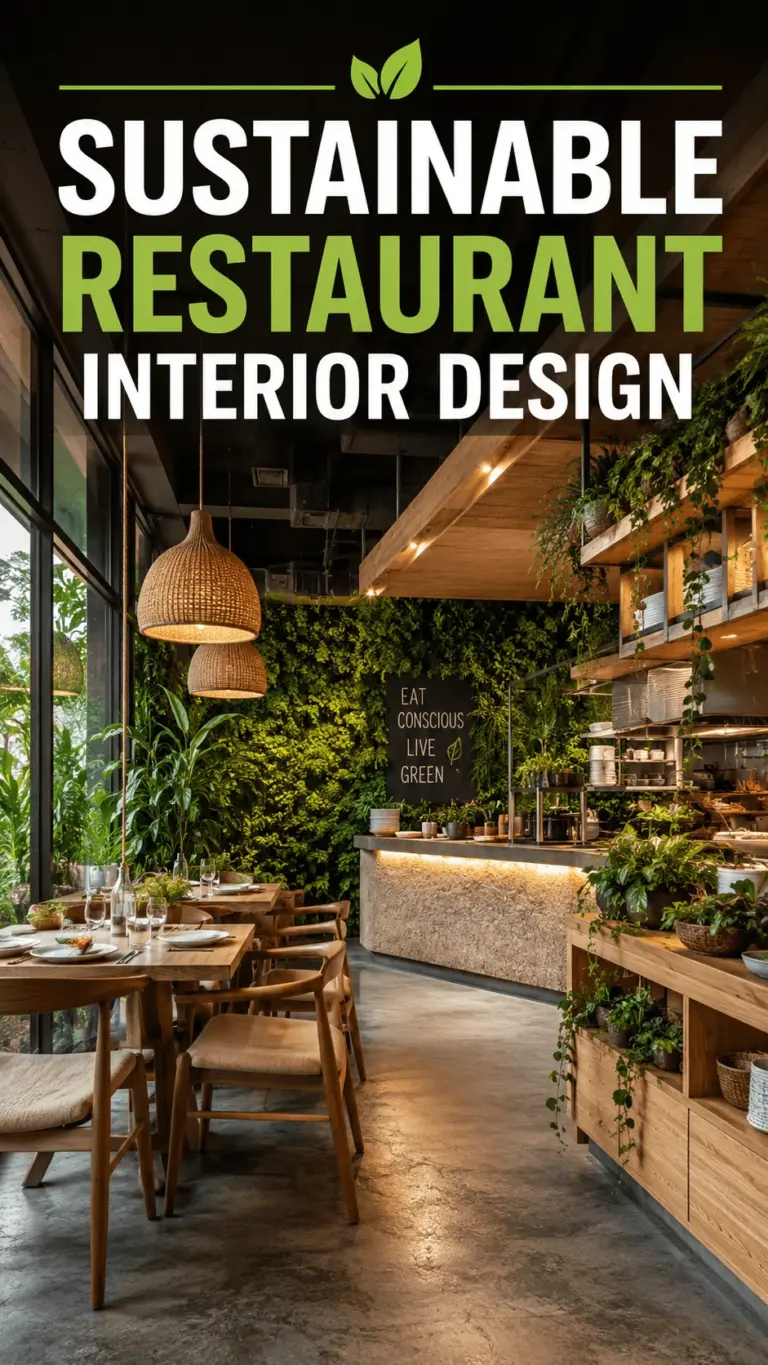 Modern sustainable restaurant interior with wooden furniture hanging woven lights indoor plants green living wall open kitchen and eco friendly decor featuring bold text Sustainable Restaurant Interior Design