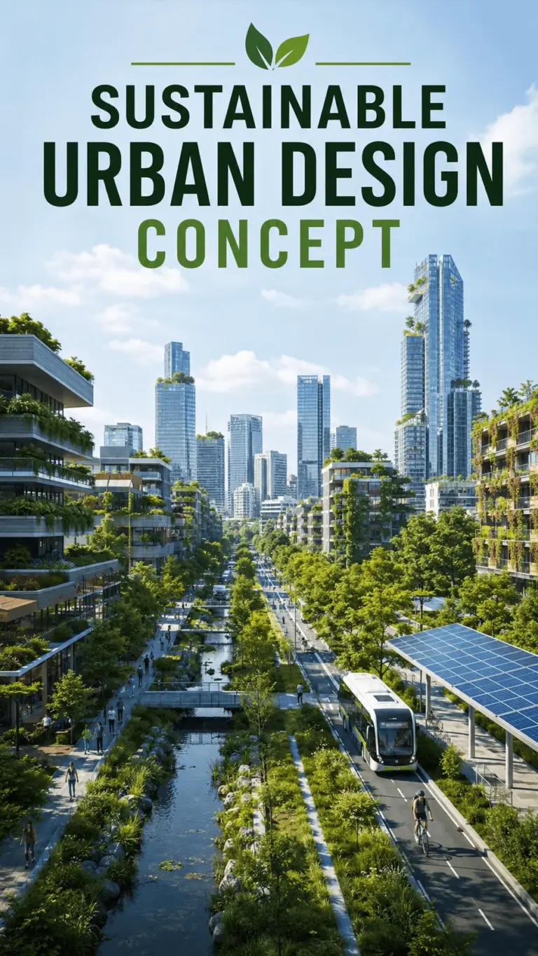 Poster showing a sustainable urban design concept with green covered modern buildings tree lined streets a solar powered transit lane cyclists pedestrians and a central waterway in a futuristic eco friendly cityscape