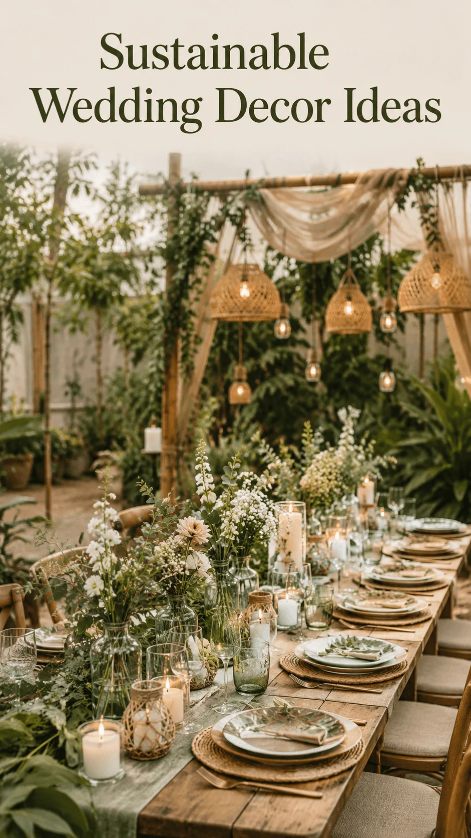 Elegant outdoor wedding reception setup with sustainable decor featuring wooden tables, woven pendant lights, candles, greenery, and floral centerpieces under a rustic canopy surrounded by lush plants and trees
